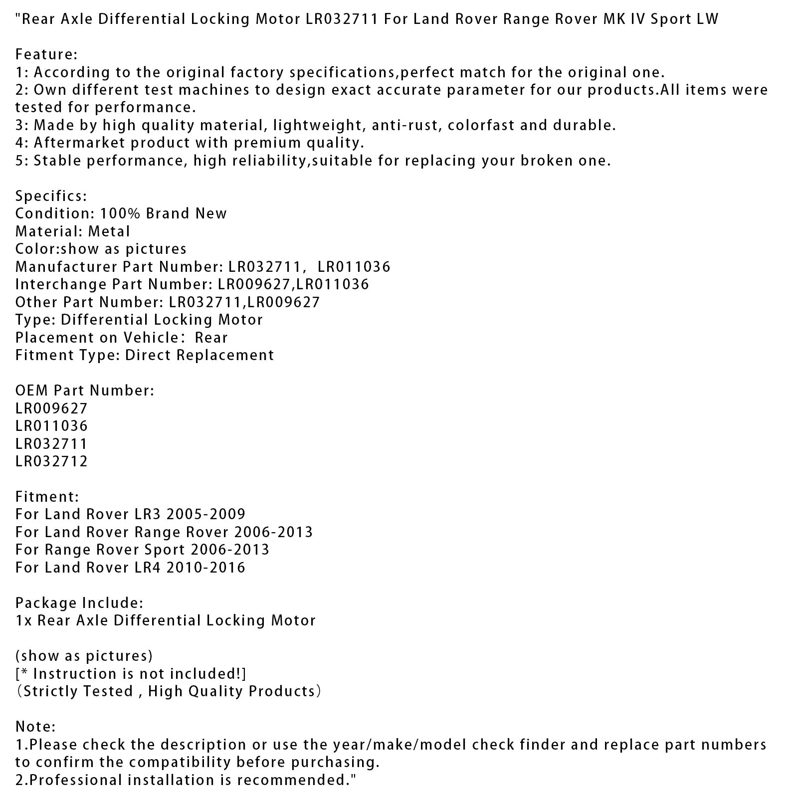 Motore di bloccaggio del differenziale d'Assale posteriore Land Rover Range Rover 2006-2013 LR032711 LR011036