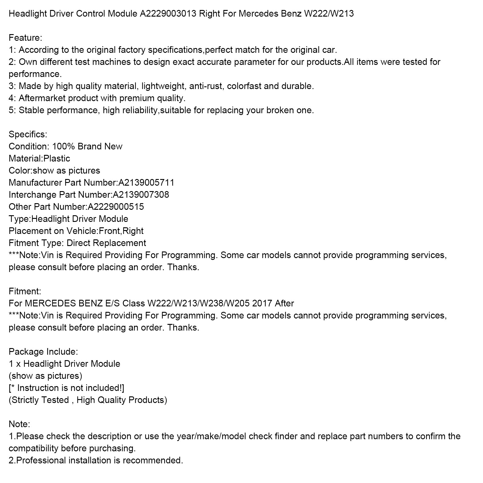 Moduł sterujący reflektora prawego (A2229003013) do Mercedesa-Benz klasy E/S W222/W213/W238/W205 (stan na 2017 r.)