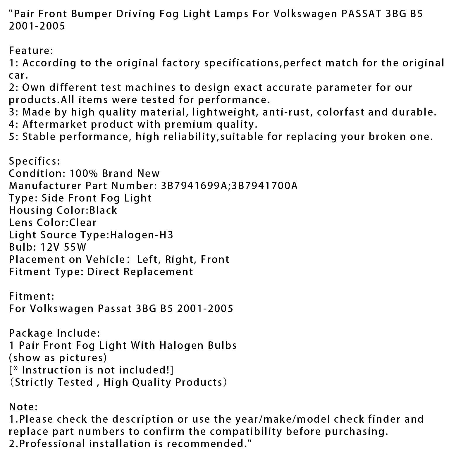 Coppia di luci della nebbia anteriore prima della Volkswagen Passat 3bg B5 (2001-2005)
