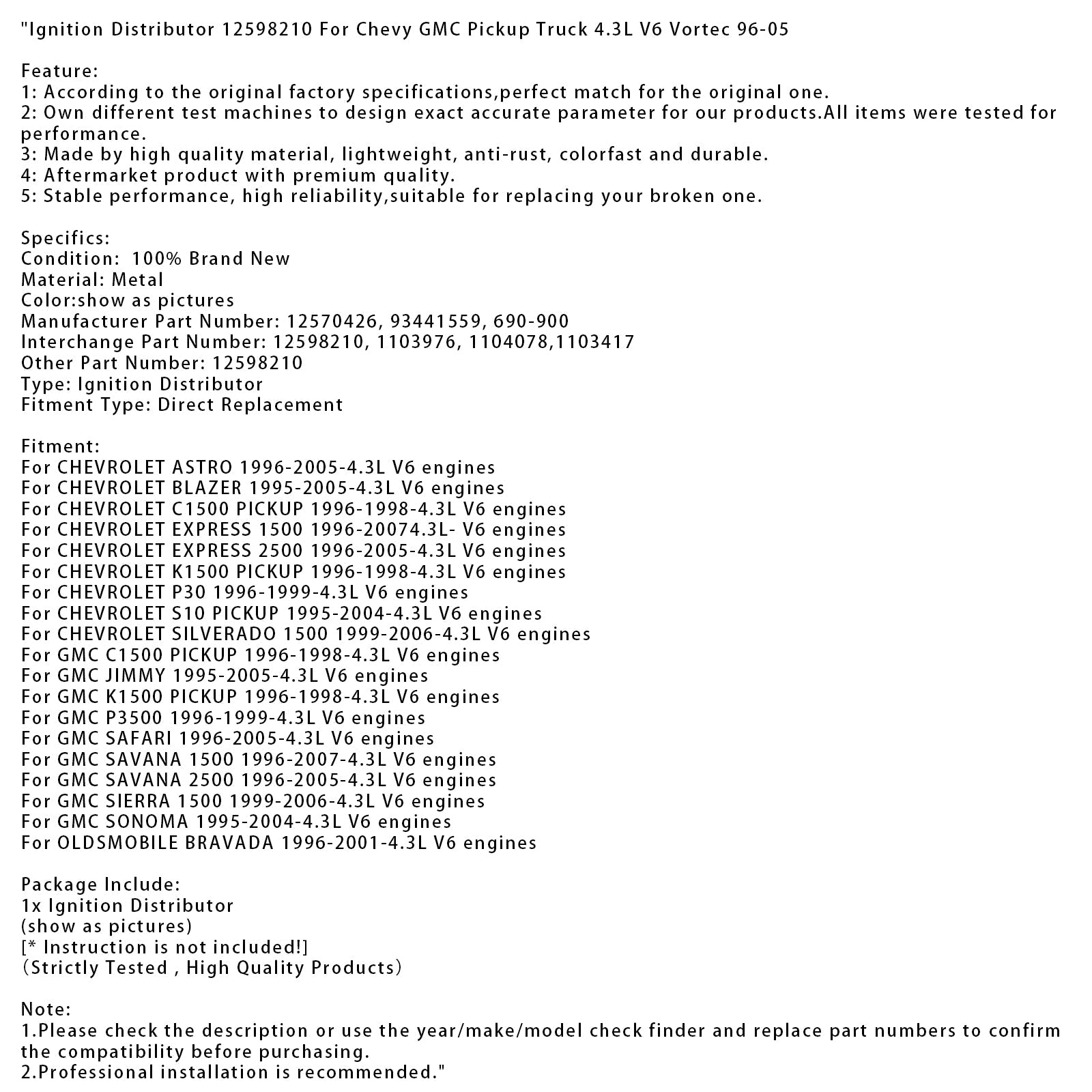 Distributore di'accensione 12598210 12570426 per motori CHEVROLET SILVERADO 1500 4.3L V6 1999-2006