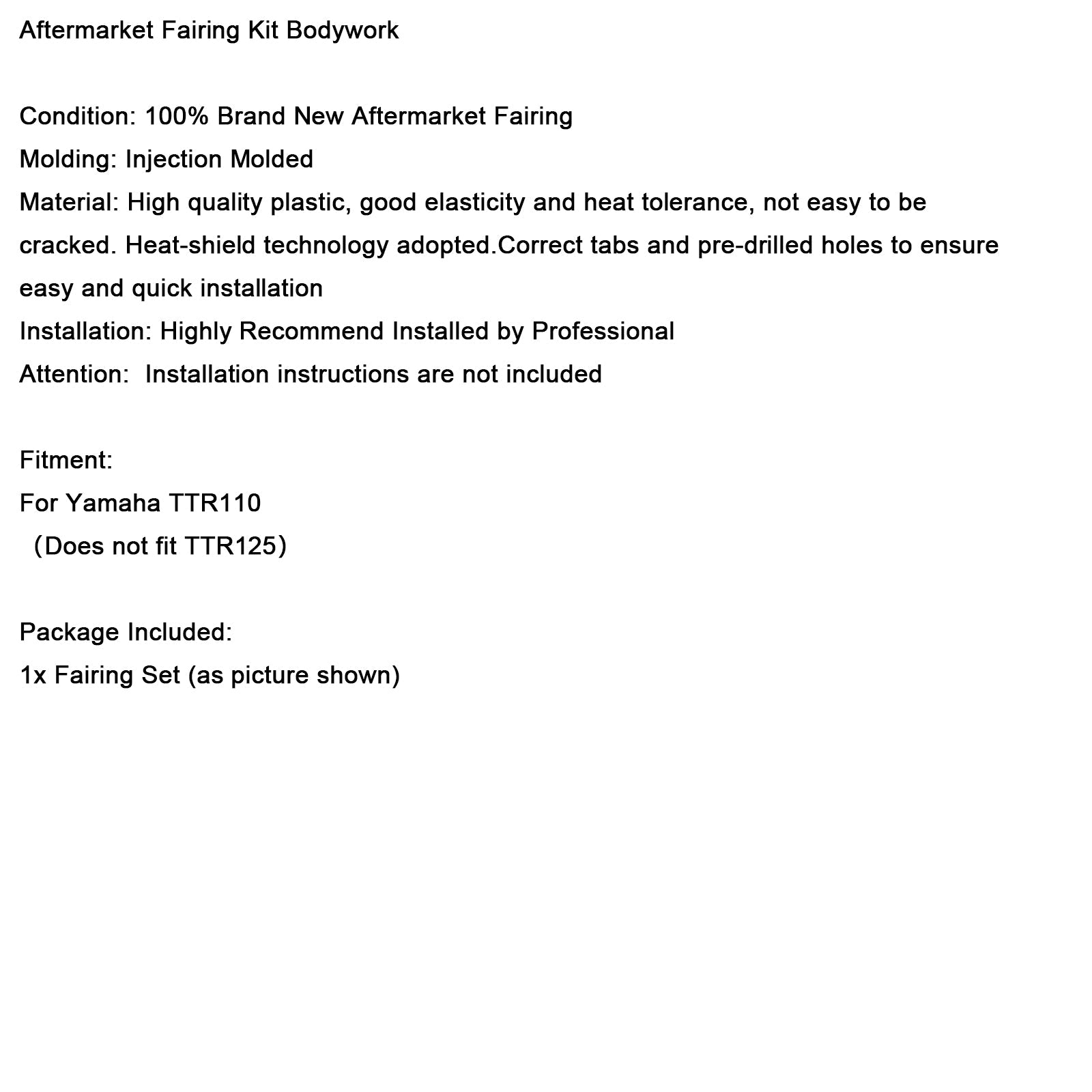 Kit carrosserie plastique et carénage garde-boue pour moto tout-terrain Yamaha TTR110