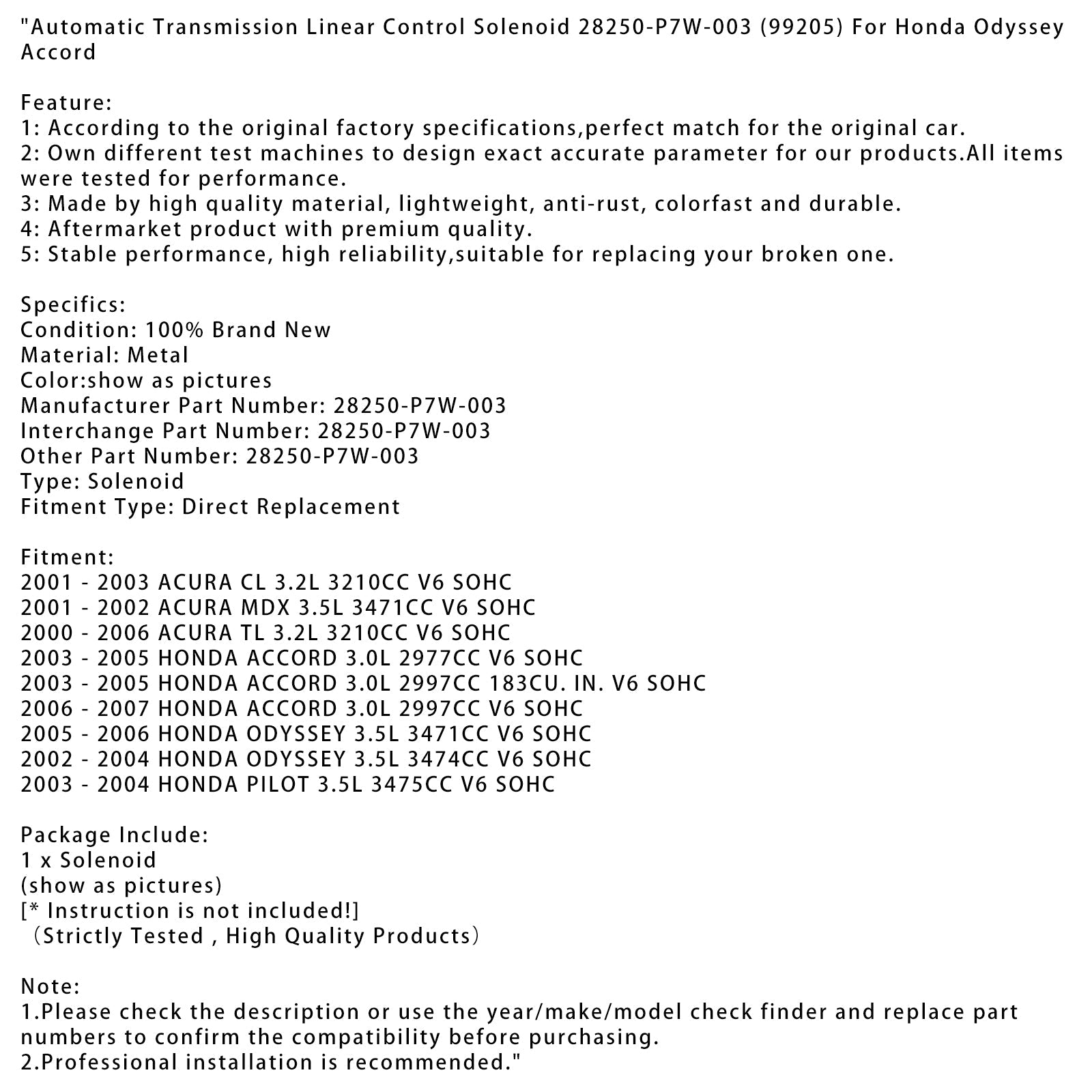 Solénoidni linearni nadzor samodejnega menjalnika Honda Pilot 3.5L 3475CC V6 SOHC 2003-2004 28250-P7W-003