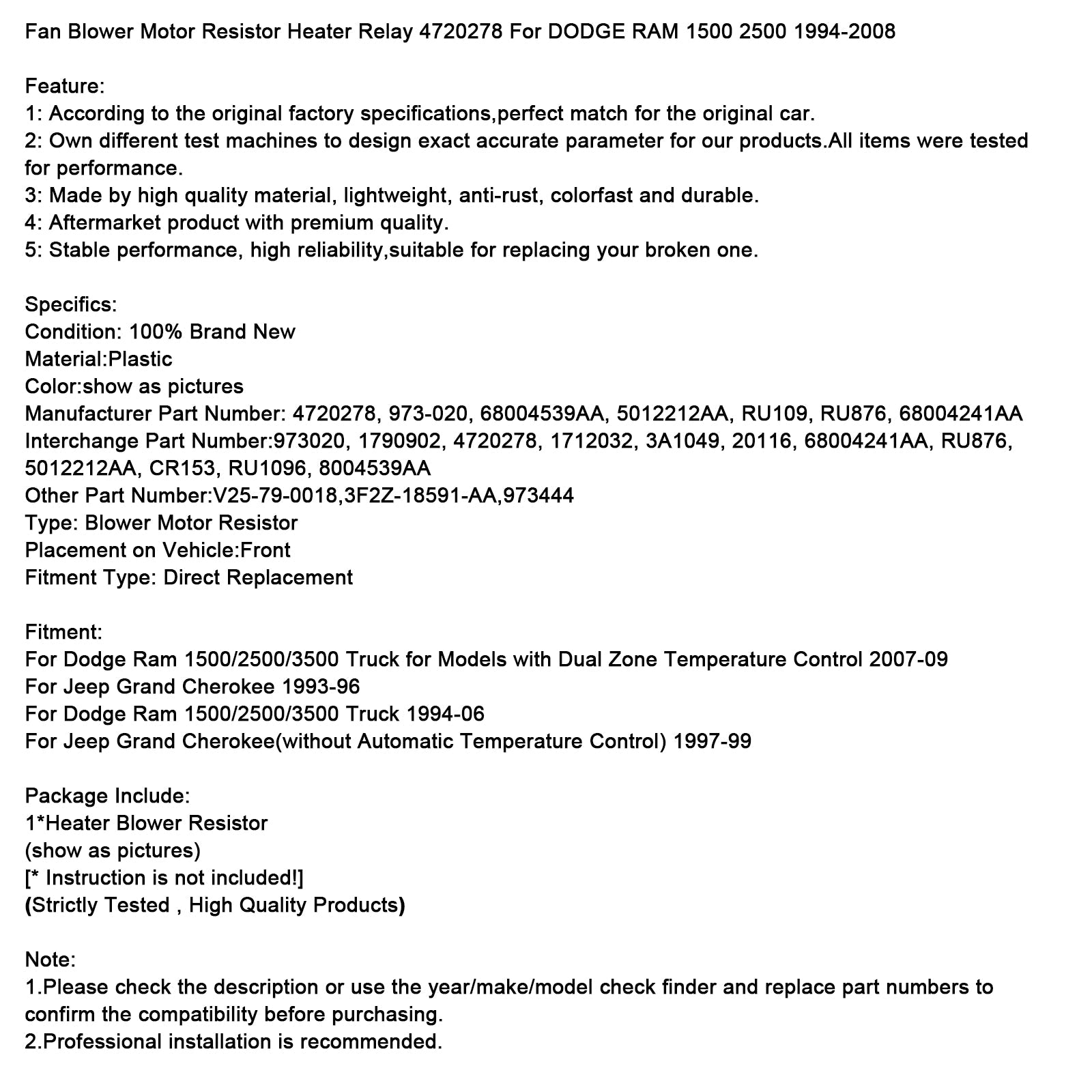 4720278 Hitting in ventilatorski upor za Dodge Ram 1500 2500 1994-06