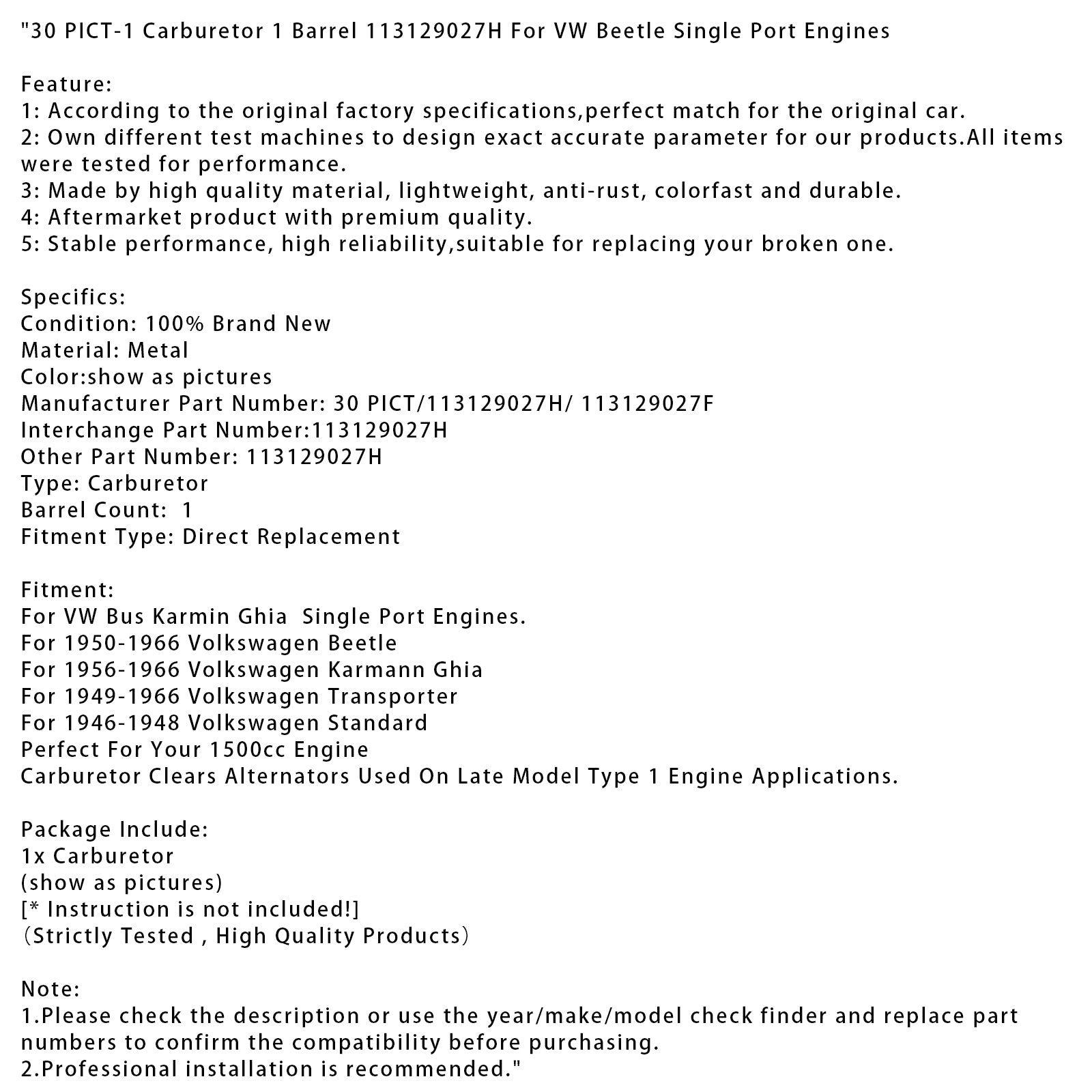Volkswagen Transporter 30 PICT-1 Carburateur 1 Corps 113129027H 113129027F 1949-1966