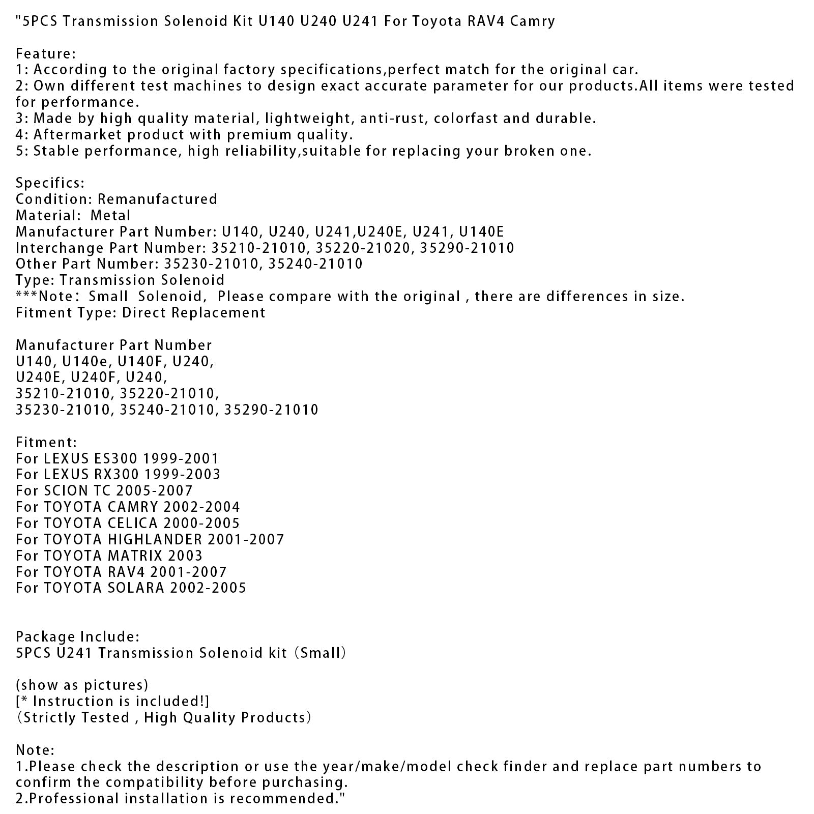 5-częściowy zestaw elektromagnesu transmisji dla Toyota Celica 2000-2005 U140 U240 U241