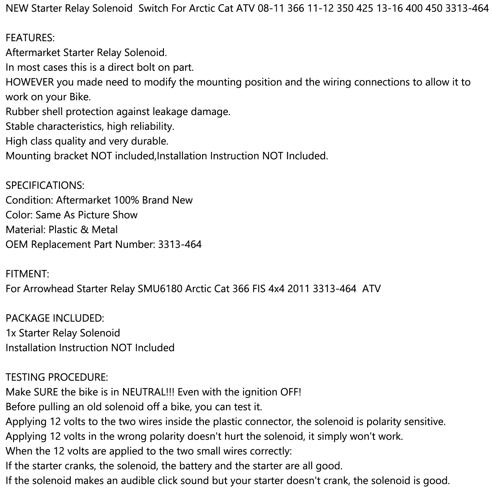 Areyourshop Startrelais Voor Arctic Cat ATV 08-11 366 11-12 350 425 13-16 400 450 3313-464