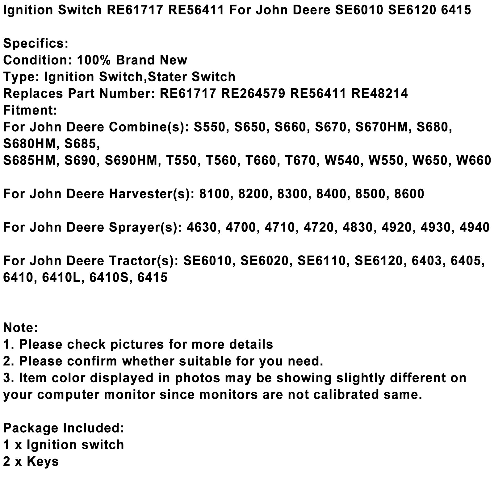 Interruptor de encendido con llaves RE61717 para John Deere SE6010 SE6120 6415