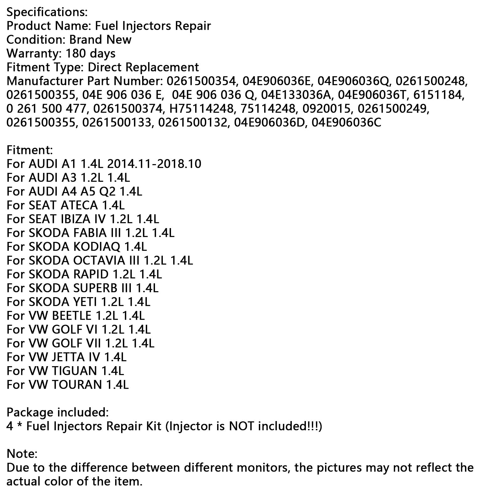 Kit di manutenzione dell'iniettore di carburante a 4 parti O -Ring 0261500354 Compatibile con Audi Fit Skoda 1.2L 1.4L