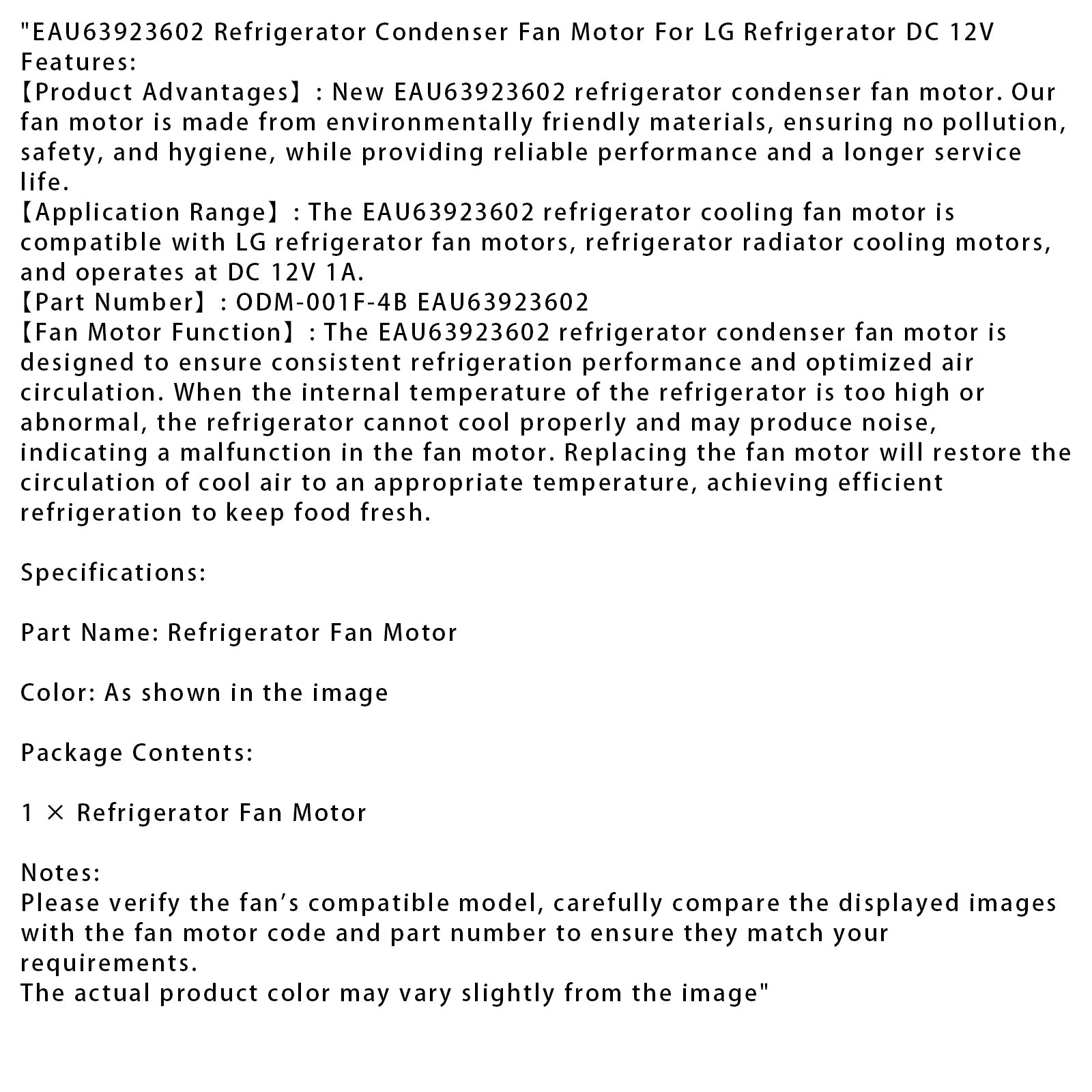 Moteur de ventilateur de condenseur de réfrigérateur LG EAU63923602 DC 12 V