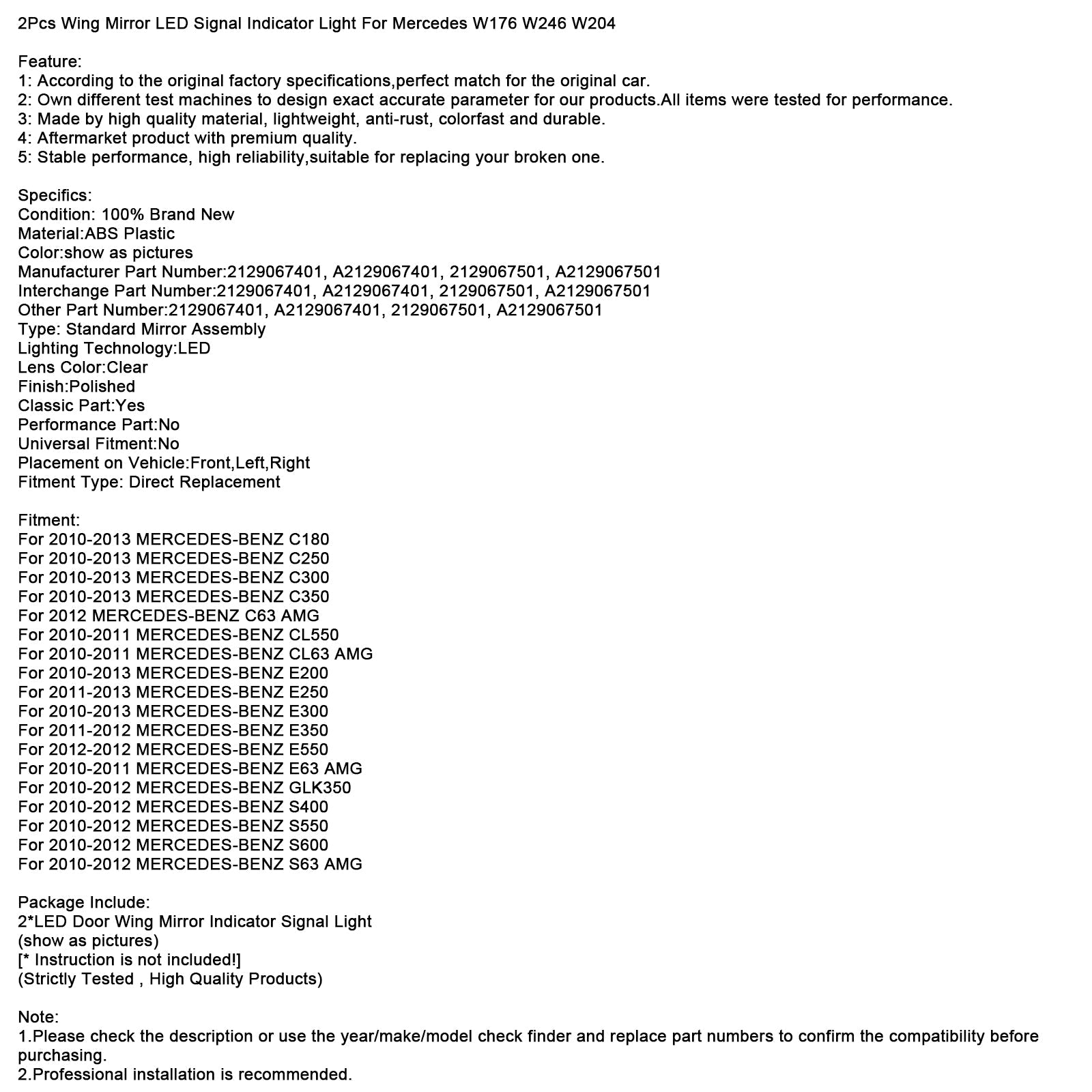 Juego de 2 intermitentes LED para retrovisores exteriores, para Mercedes W176, W246, W204
