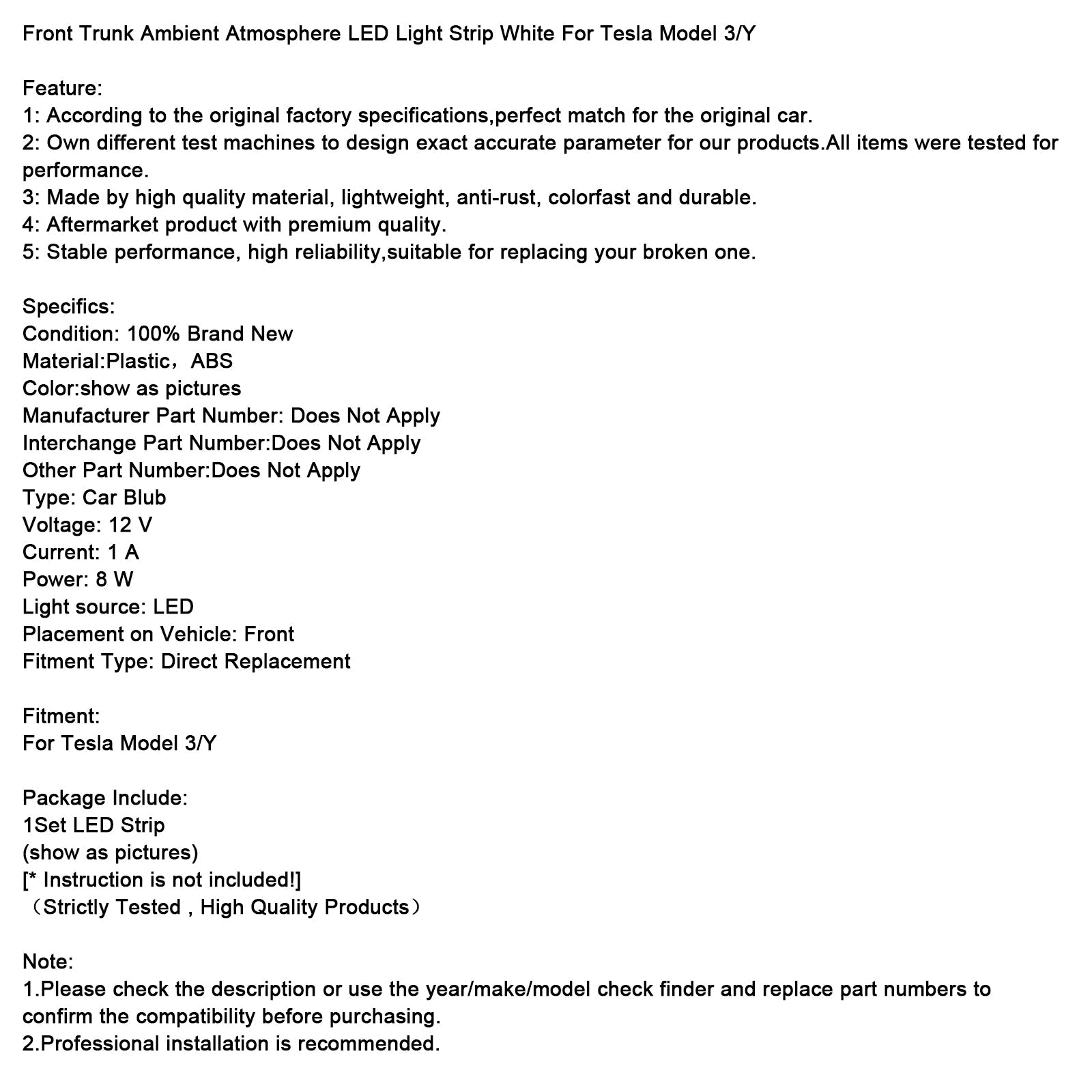 Bande lumineuse LED blanche pour coffre avant, compatible avec Tesla Model 3/Y/S/X