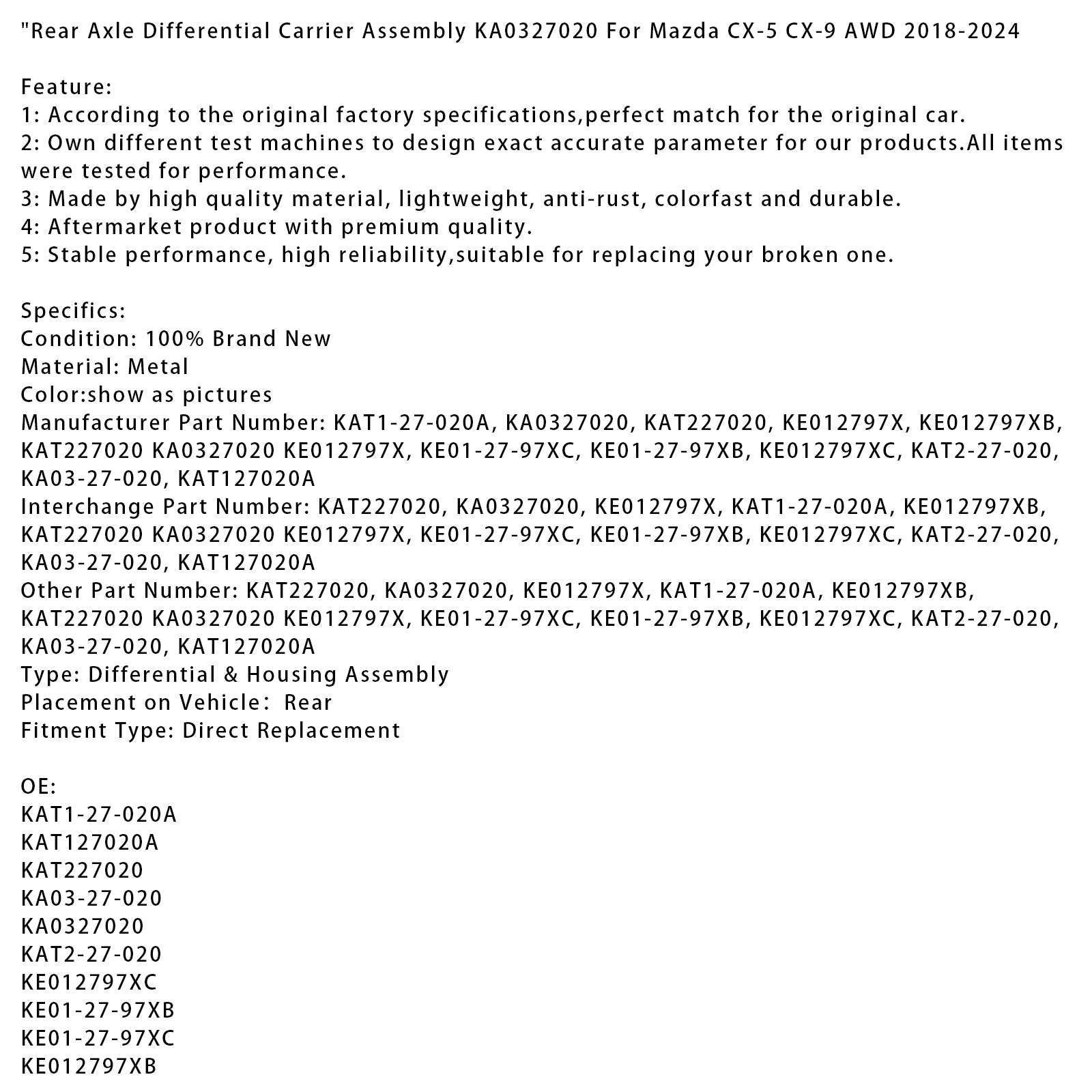 Conjunto de soporte diferencial del eje trasero para Mazda CX-5 (4x4) 2018-2024, número de pieza KA0327020 KE012797XB