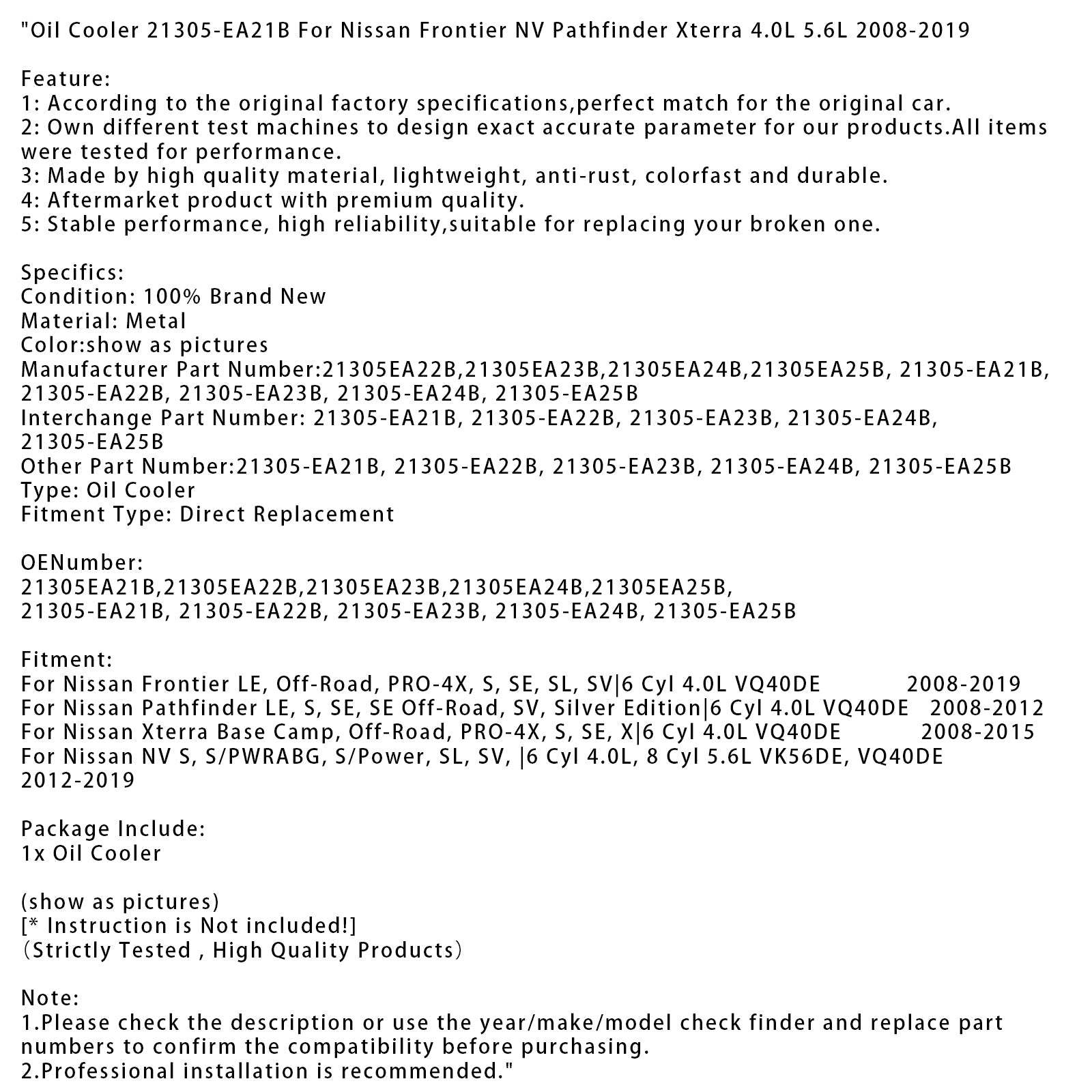 Refroidisseur d'huile 21305-EA21B 21305EA21B pour Nissan NV S, S/PWRABG, S/Power, SL, SV (2012-2019) | Moteurs 6 cylindres 4.0L et 8 cylindres 5.6L VK56DE et VQ40DE