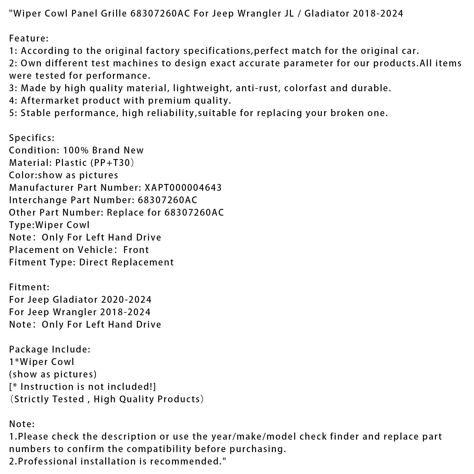 Capucha de vidrio de vidrio para Jeep Wrangler JL/Gladiator 2018-2024 68307260ac