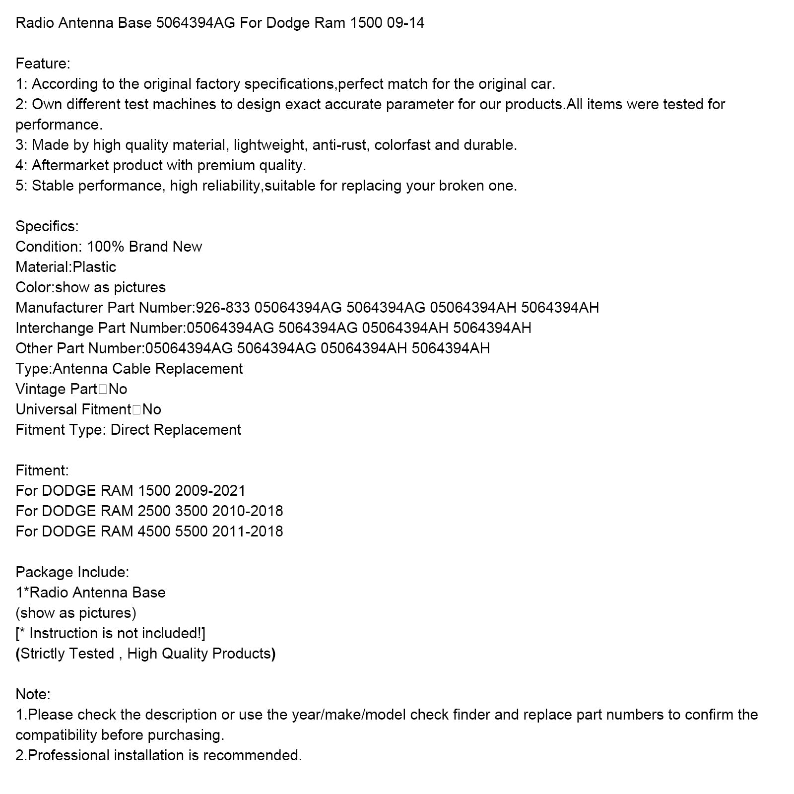 Base d'antenne radio 5064394AG pour Dodge Ram 1500 09-14