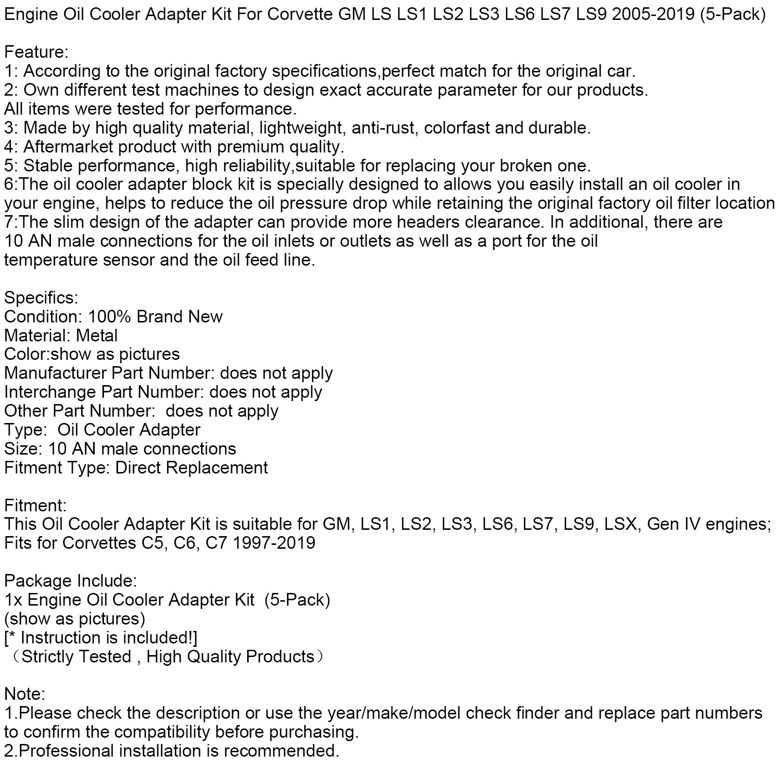 Komplet d'adapter za hladilnik&Motorno olje za Corvette GM LS LS1 LS2 LS3 LS6 (5 kosov) 2005-2019