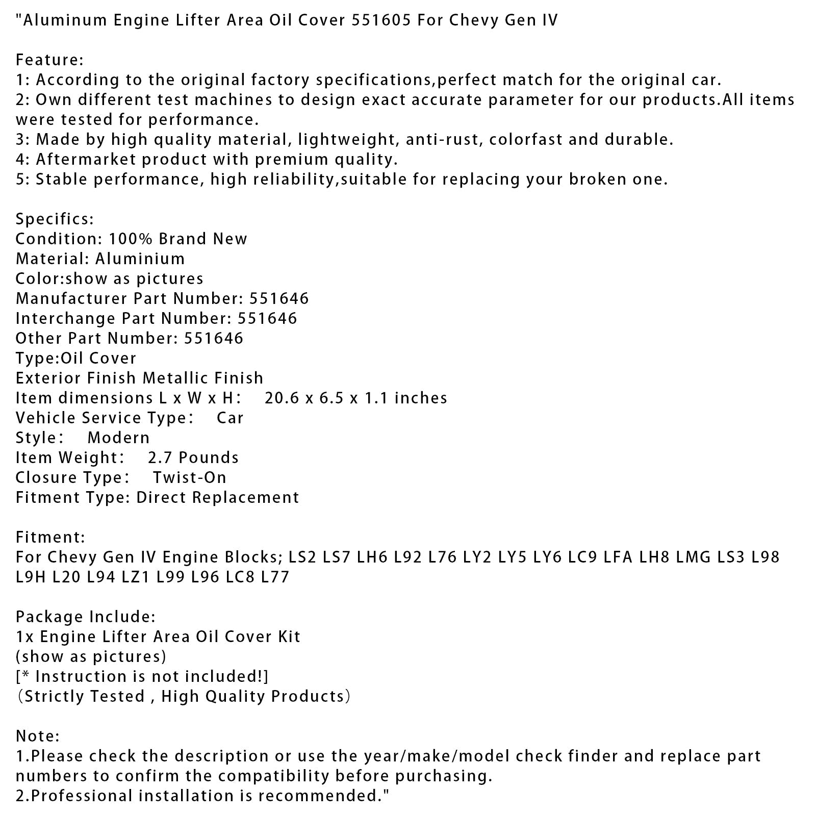 Couvercle d'huile de zone de levage de moteur en aluminium billette 551605 pour Chevy Gen IV