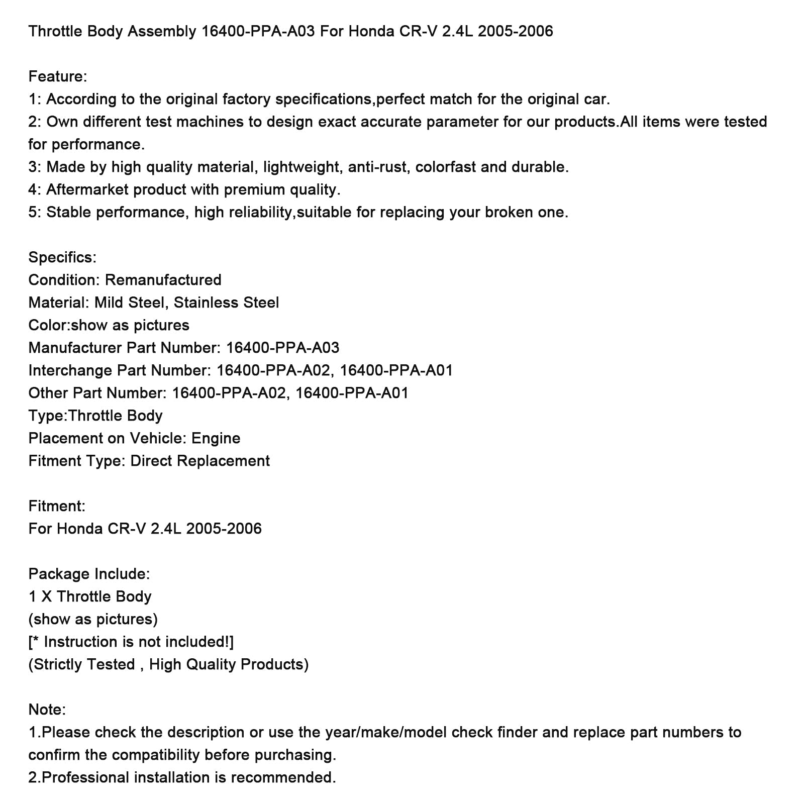 Butterfly Body Set voor Honda CR-V 2.4 L 2005-2006 16400-PPA-A03