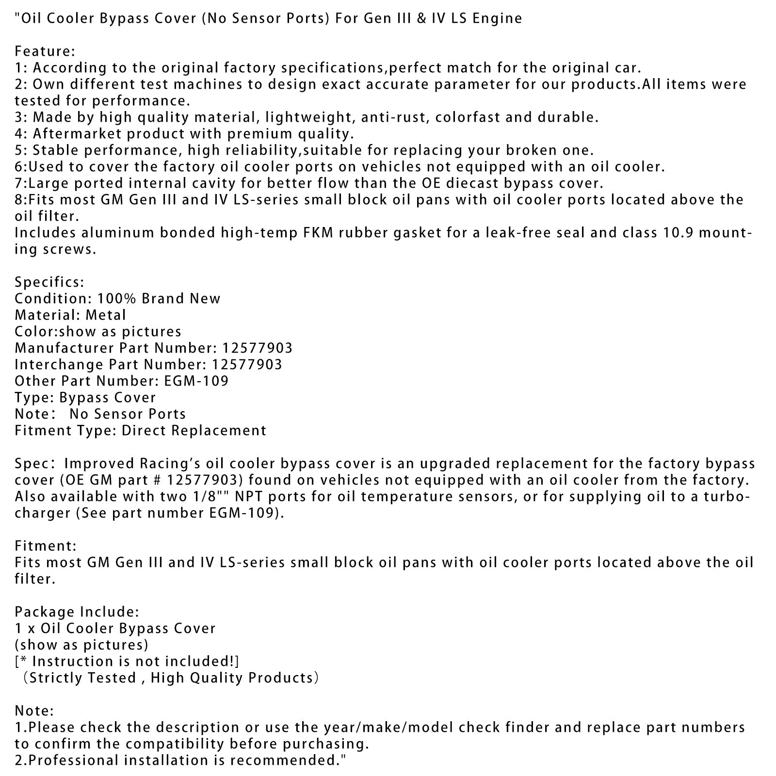 Couvercle de dérivation du refroidisseur d'huile (sans ports de capteur) pour moteur LS Gen III et IV