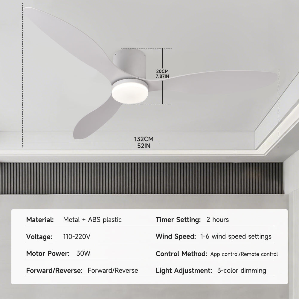 Ventilateur de Plafond 52" avec Éclairage LED Dimmable – Moteur CC Réversible, Télécommande et Application