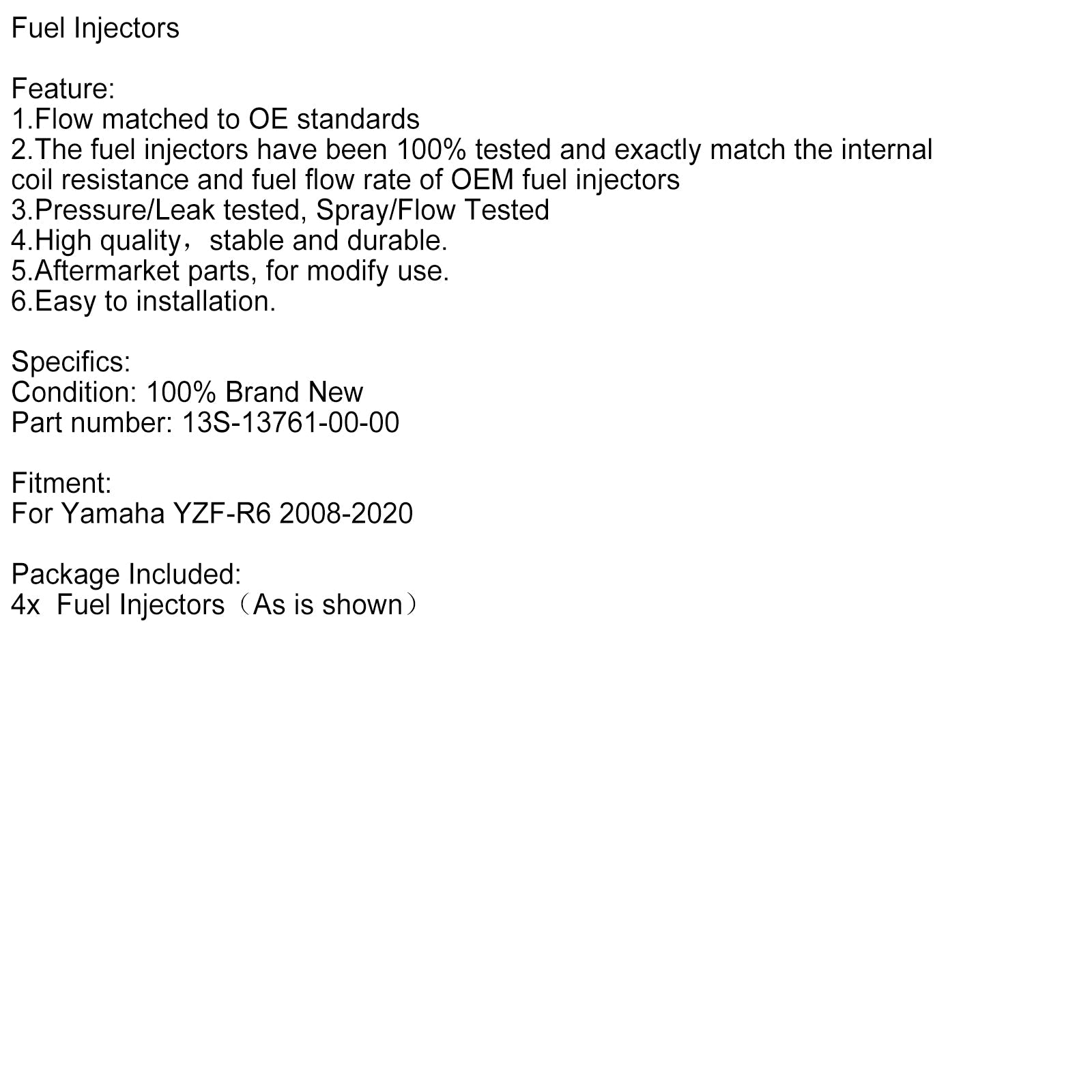 4-częściowe wtryskiwacze paliwowe dla Yamaha YZFR6 YZF-R6 2008-2020 13S-13761-00-00