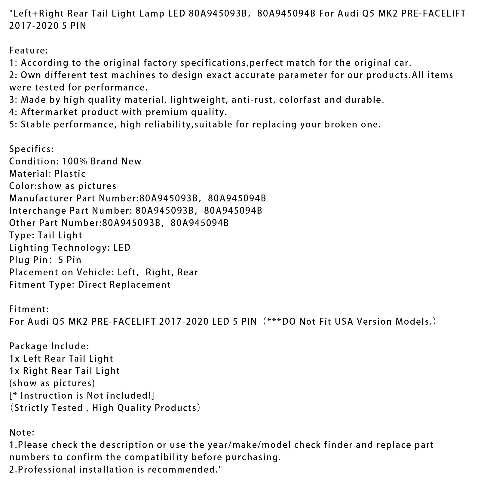 Leva in desna LED zadnja luč 80A945093B, 80A945094B za Audi Q5 MK2 pred prenovo 2017-2020, 5 pinov