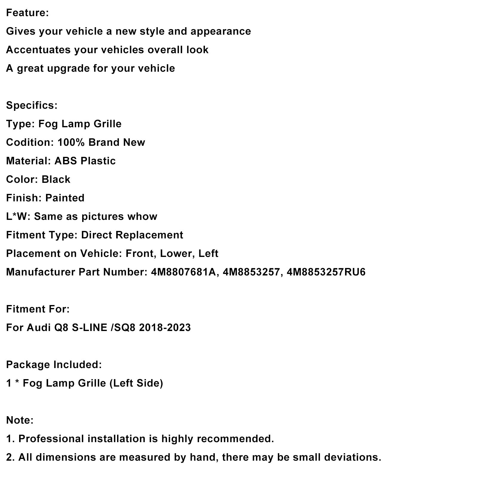 Prednja leva maska odbijača Audi Q8 S-Line SQ8 2018-2023 4M8807681A