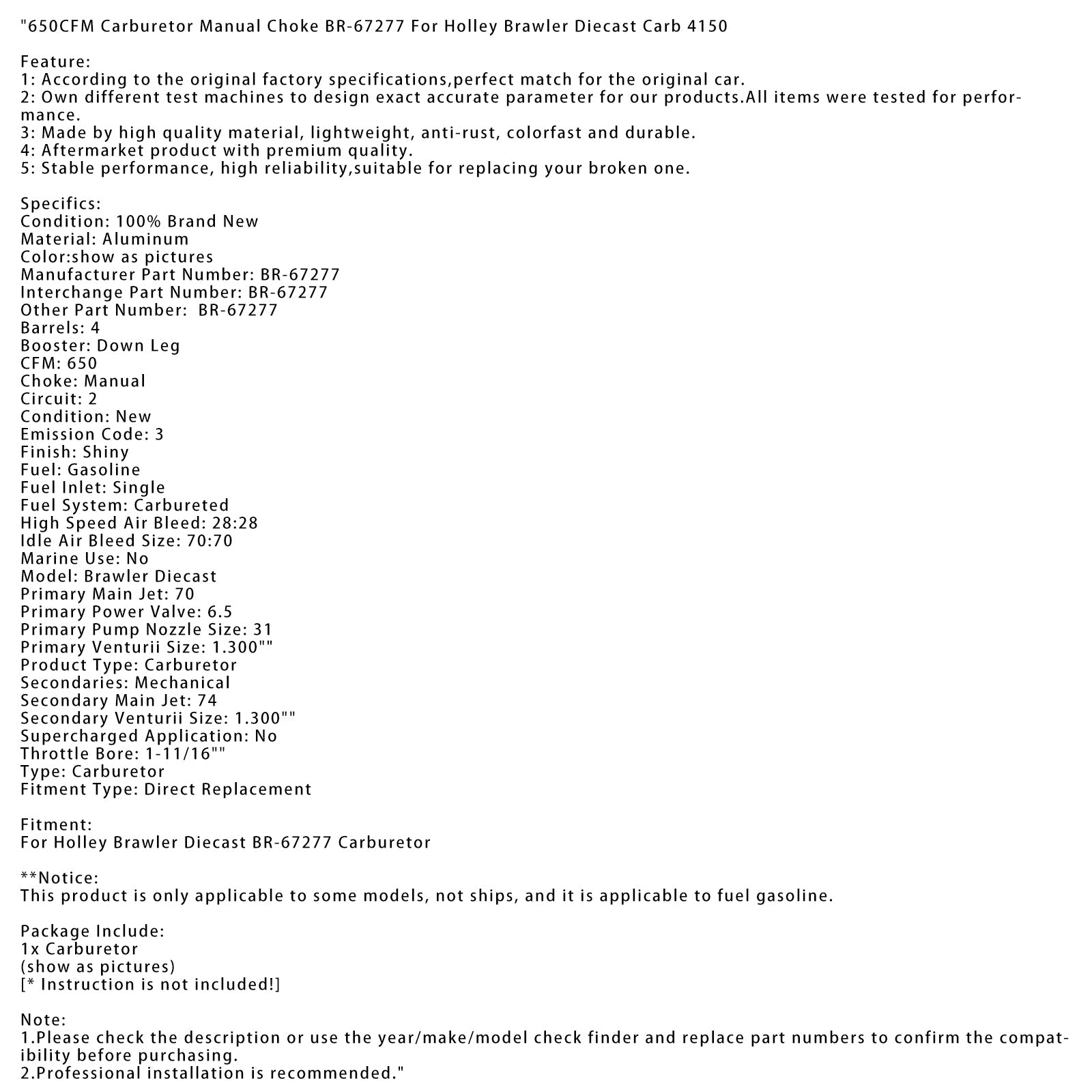 Carburador Holley Brawler Carb 4150 650CFM fundido a presión con estrangulador manual BR-67277