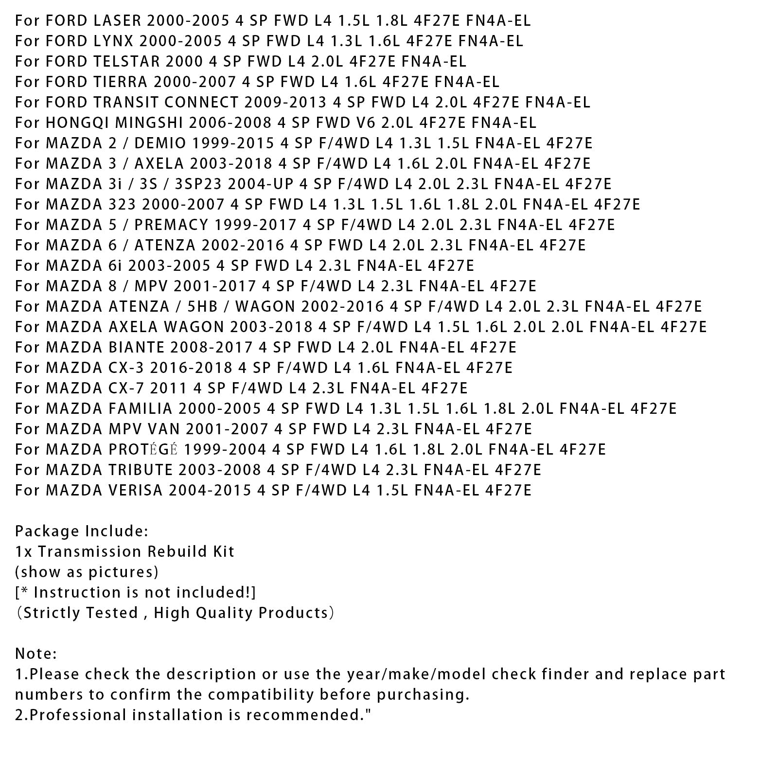 Kit di ricostruzione del cambio per Mazda Atenza (5HB) (2002-2016) (4 velocità, trazione a 4 ruote, L4, 2,0 L, 2,3 L, Fn4a-El, 4f27e), con pistoni, dal 1999