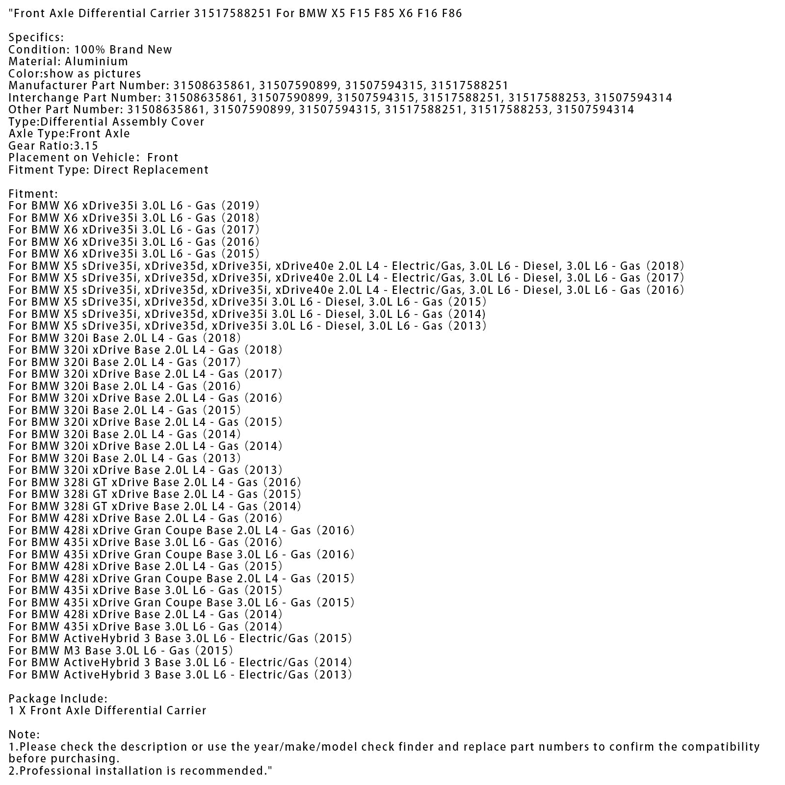 Support de différentiel d'essieu avant à gaz pour BMW M3 Base 3.0L L6 2015 (31517588251 31508635861)