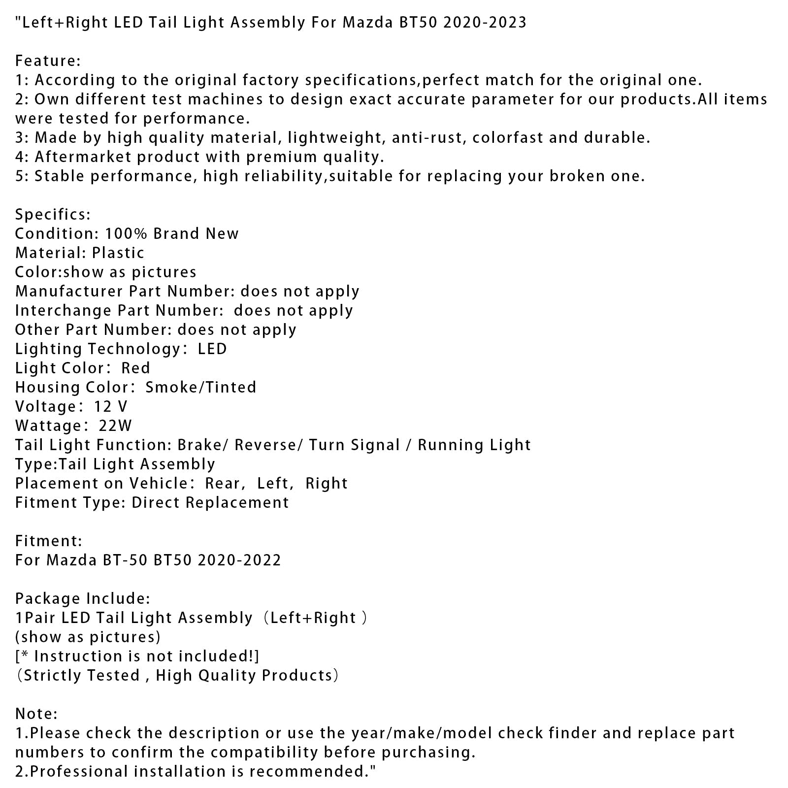 Juego de luces traseras traseras y derechas para Mazda BT50 2020-2023