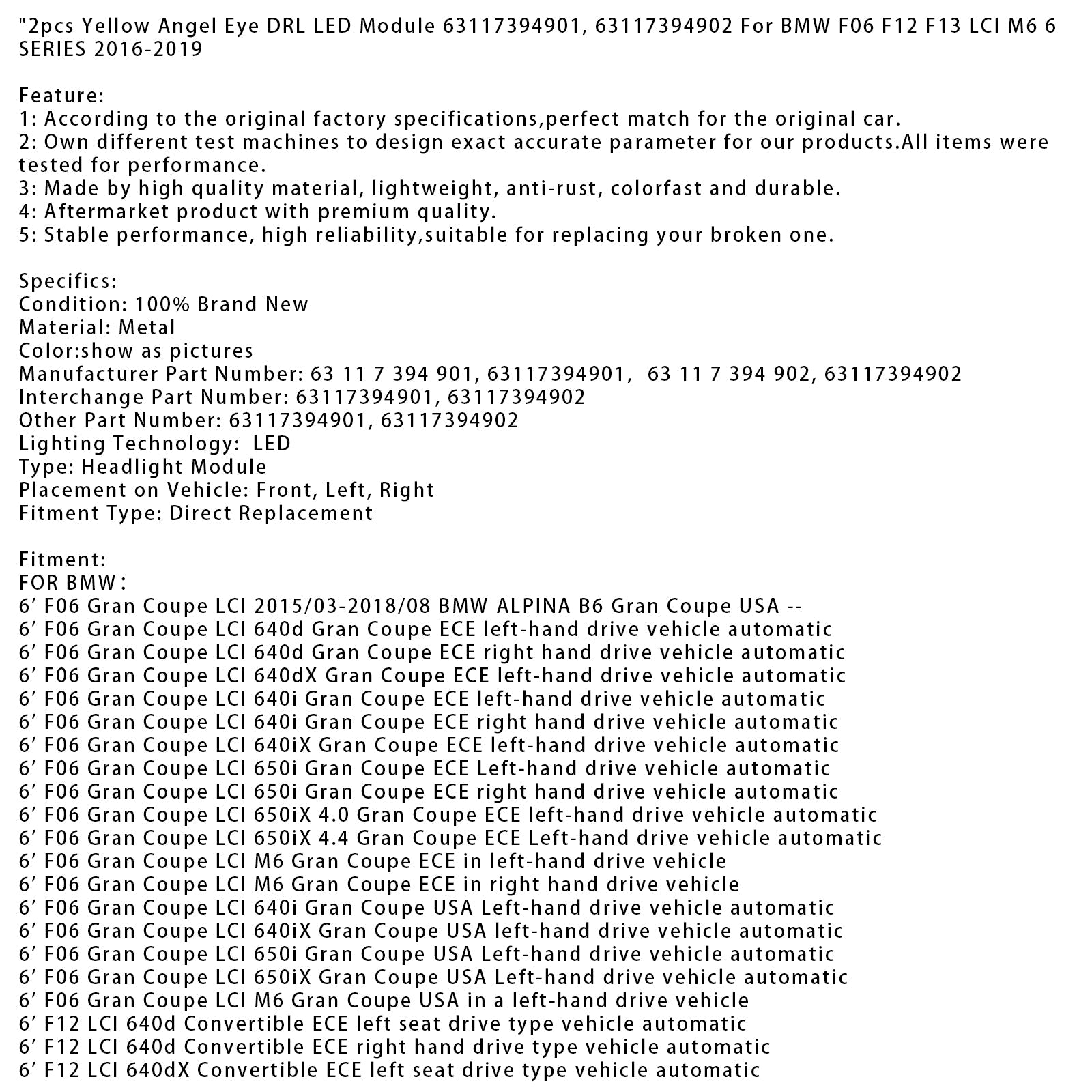 LED-moduuli Angel Eye Yellow for Dayort Fires BMW F06, F12, F13, LCI, M6, Series 6, 2 kappaletta, 2016-2019