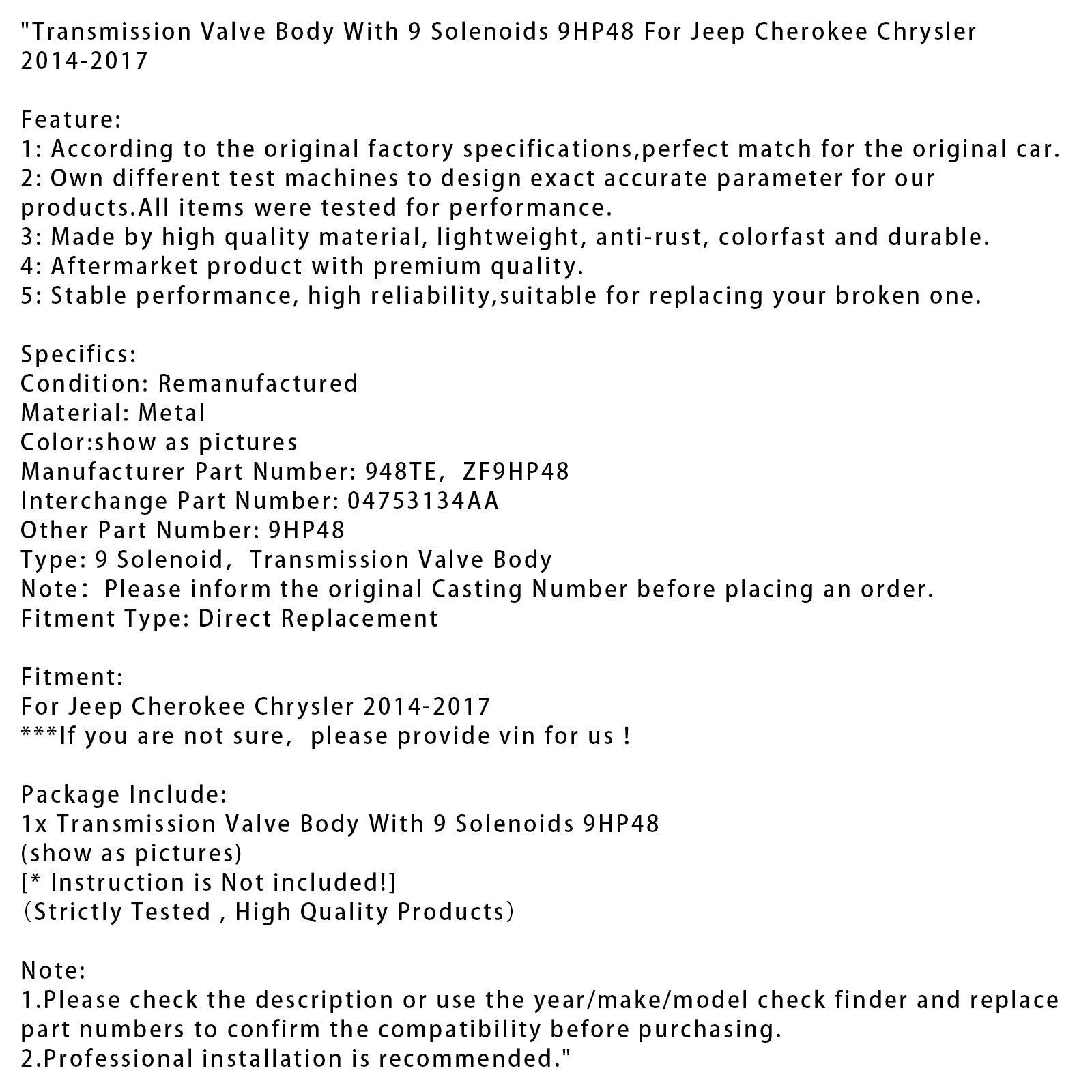 Bloc de soupapes de transmission Chrysler Jeep Cherokee 2014-2017 avec 9 solénoïdes 9HP48 04753134AA