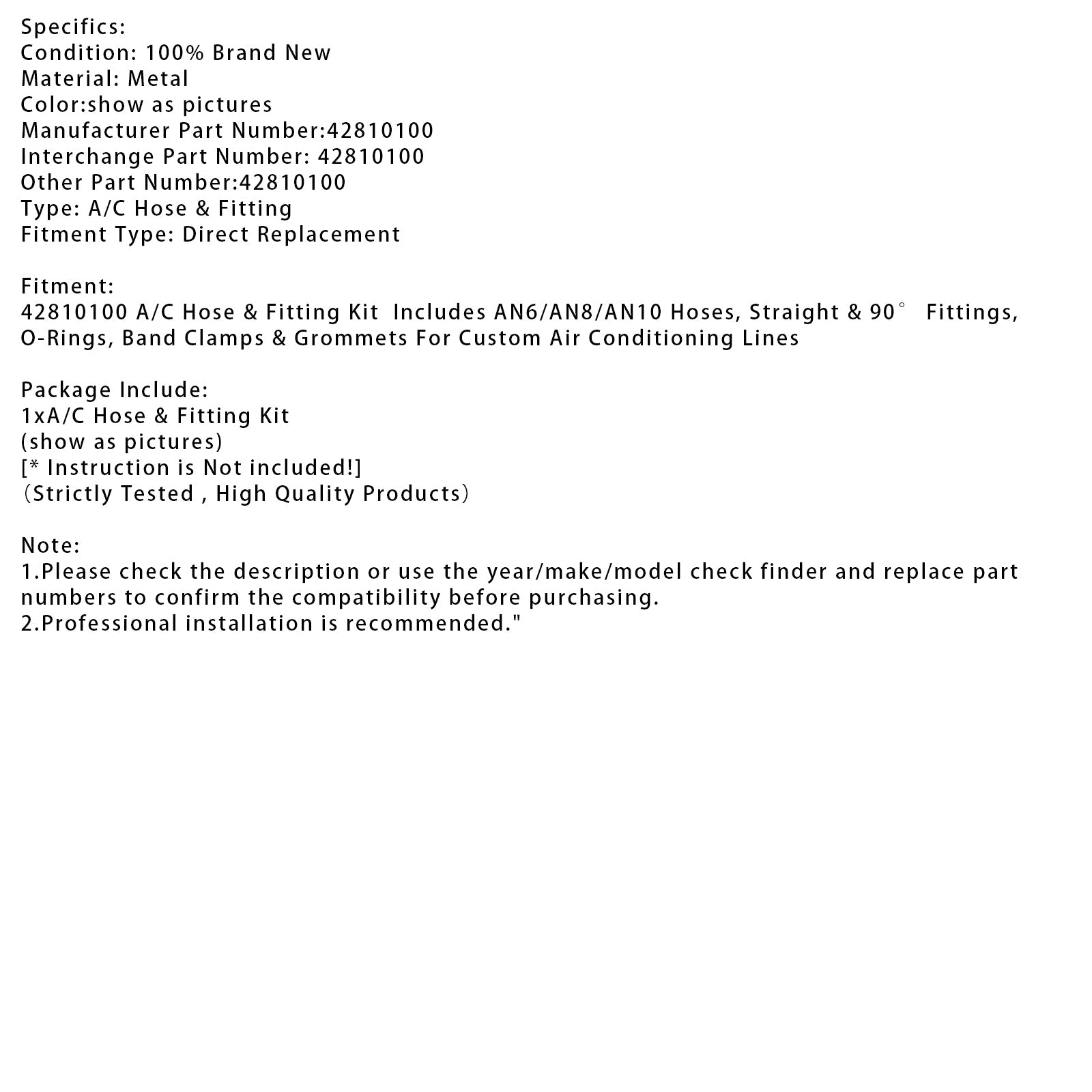 42810100 Kit de tuyaux et raccords pour climatisation AN6/AN8/AN10, raccords droits et à 90°