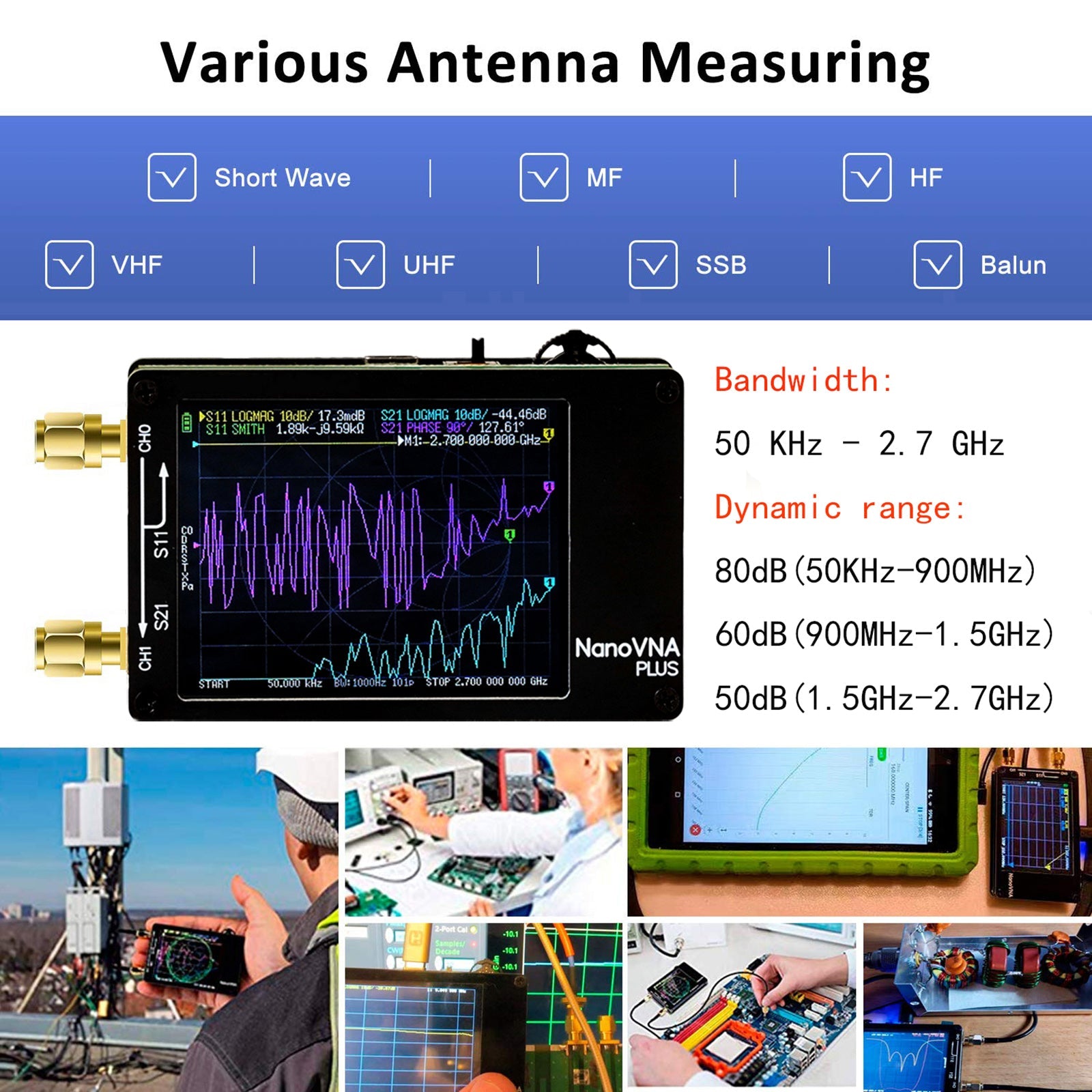 NaNovni prenosni vektorski omrežni analizator plus 50 kHz-2,7 GHz Izboljšan za 2,8 palca