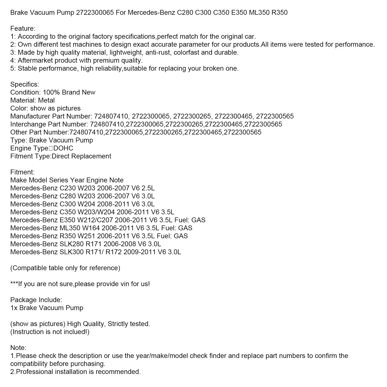 Jarrutyhjiöpumppu 2006-2007 Mercedes-Benz C230 W203 2,5L V6 2722300065