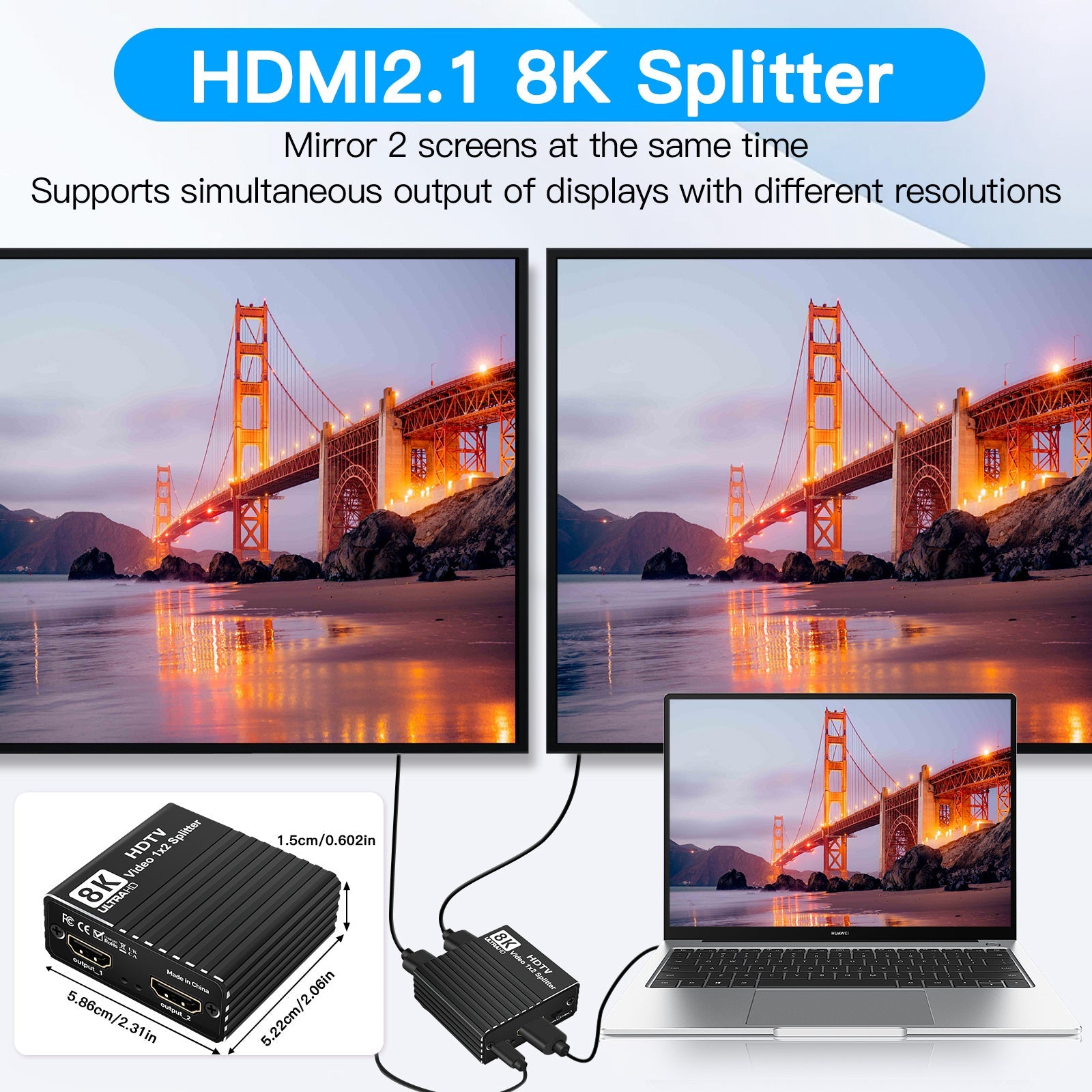 Répartiteur HDMI 8K 1 vers 2 HD2.1 8K60 Hz/4K120 Hz/1080P240 Hz avec répartiteur EDID 1x2