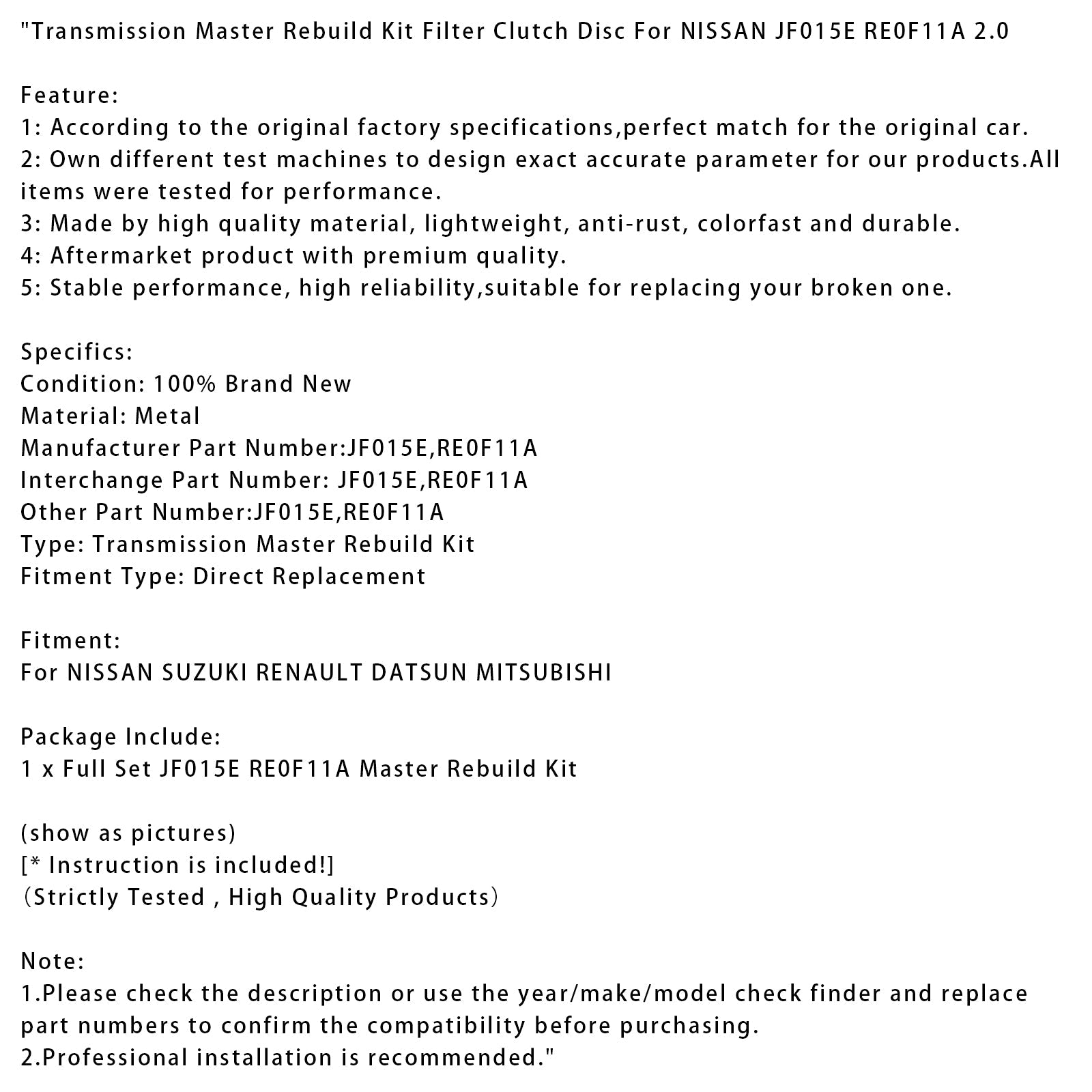 Kit de reconstruction de filtre de transmission et disque d'embrayage pour NISSAN JF015E RE0F11A 2.0