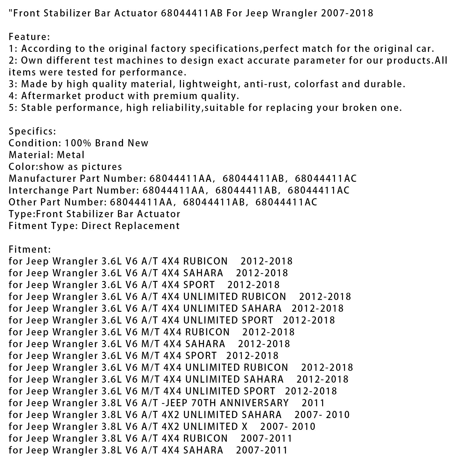 Nuovo attuatore barra stabilizzatrice anteriore 68044411AB per Jeep Wrangler 2007-2018