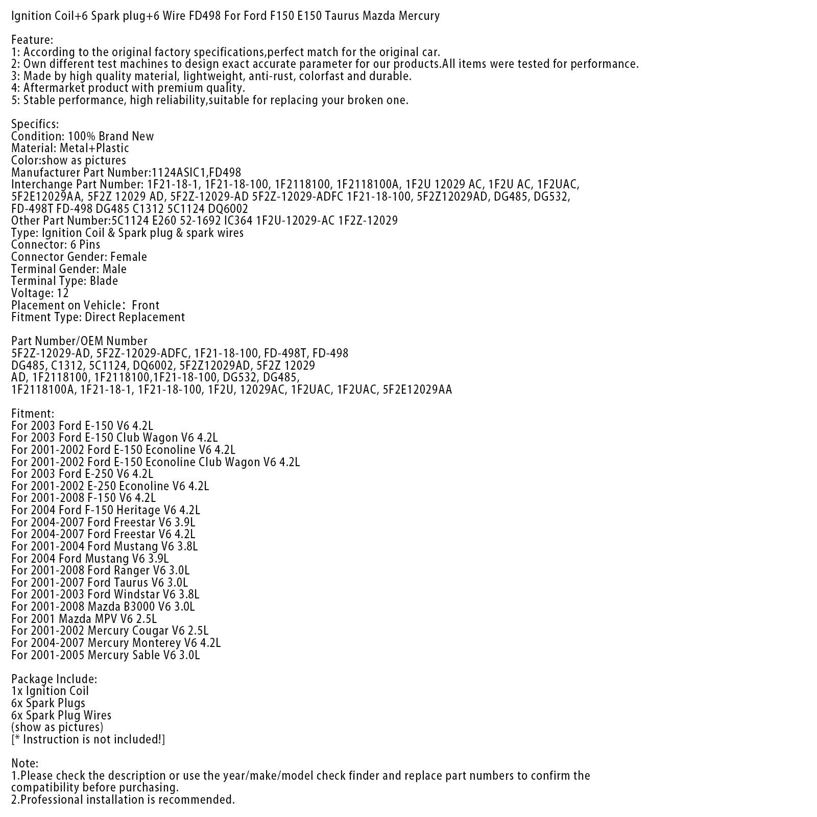 Bobine d'allumage + 6 bougies + 6 fils FD498 5F2Z-12029-AD 1F2118100 pour Ford E-150 Econoline V6 4,2 L 2001-2002