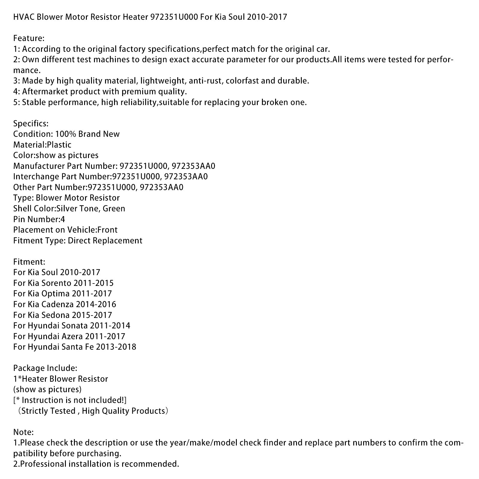 Résistance de chauffage pour moteur de ventilateur CVC 972351U000 pour Kia Soul 2010-2017