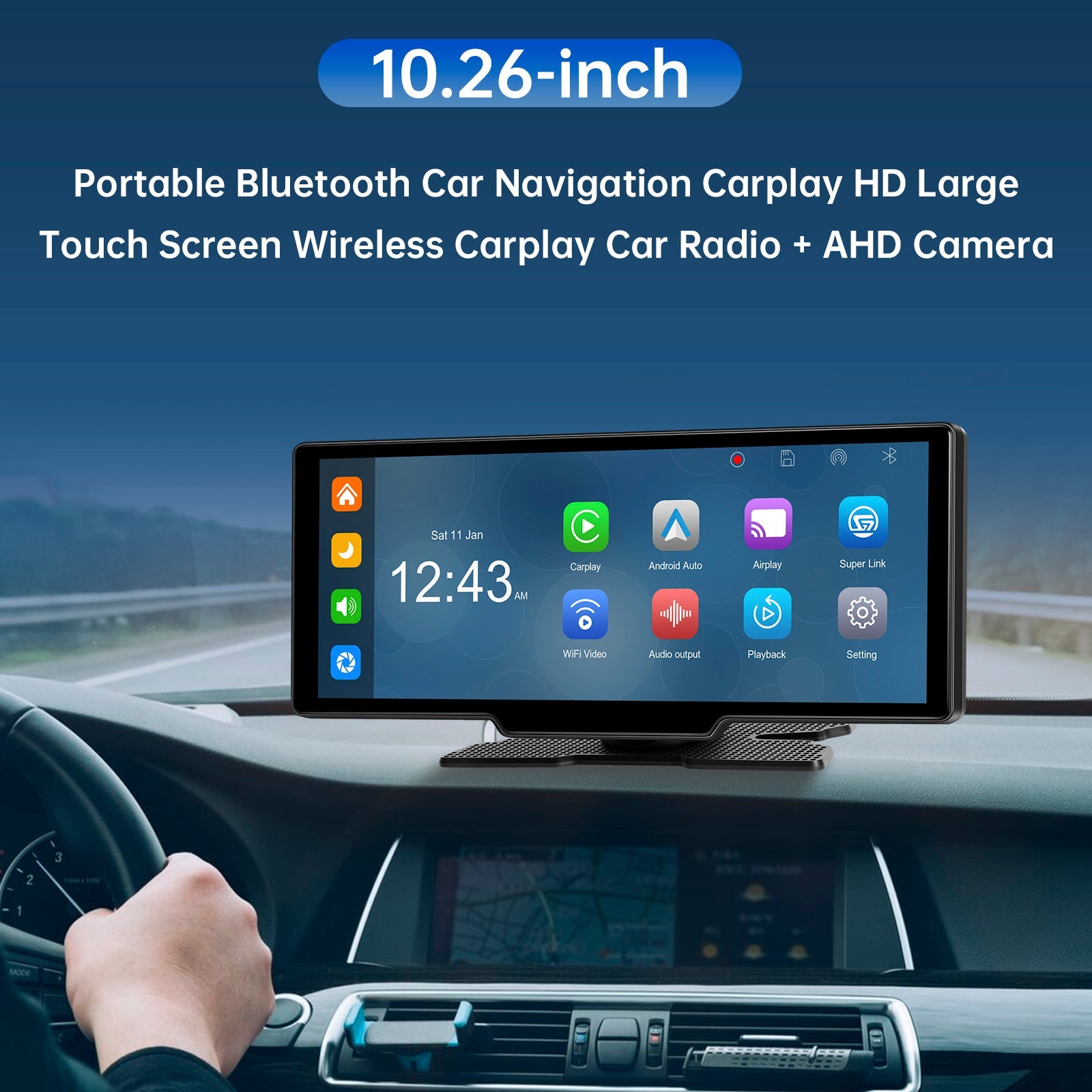Autoradio portable Bluetooth 10,26"" avec navigation sans fil et compatible CarPlay, caméra AHD