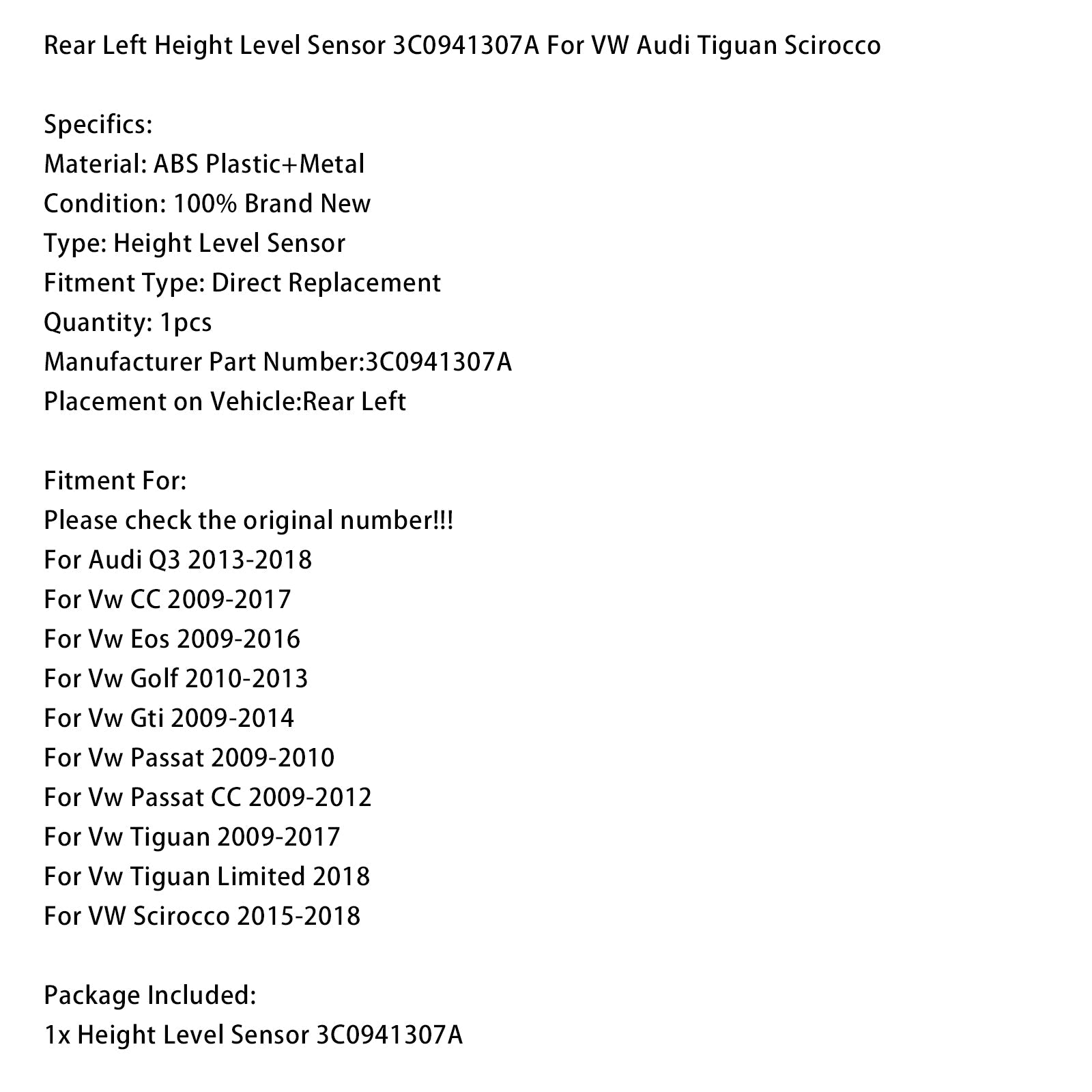 Niveausensor linksachter 3C0941307A voor VW Audi Tiguan Scirocco