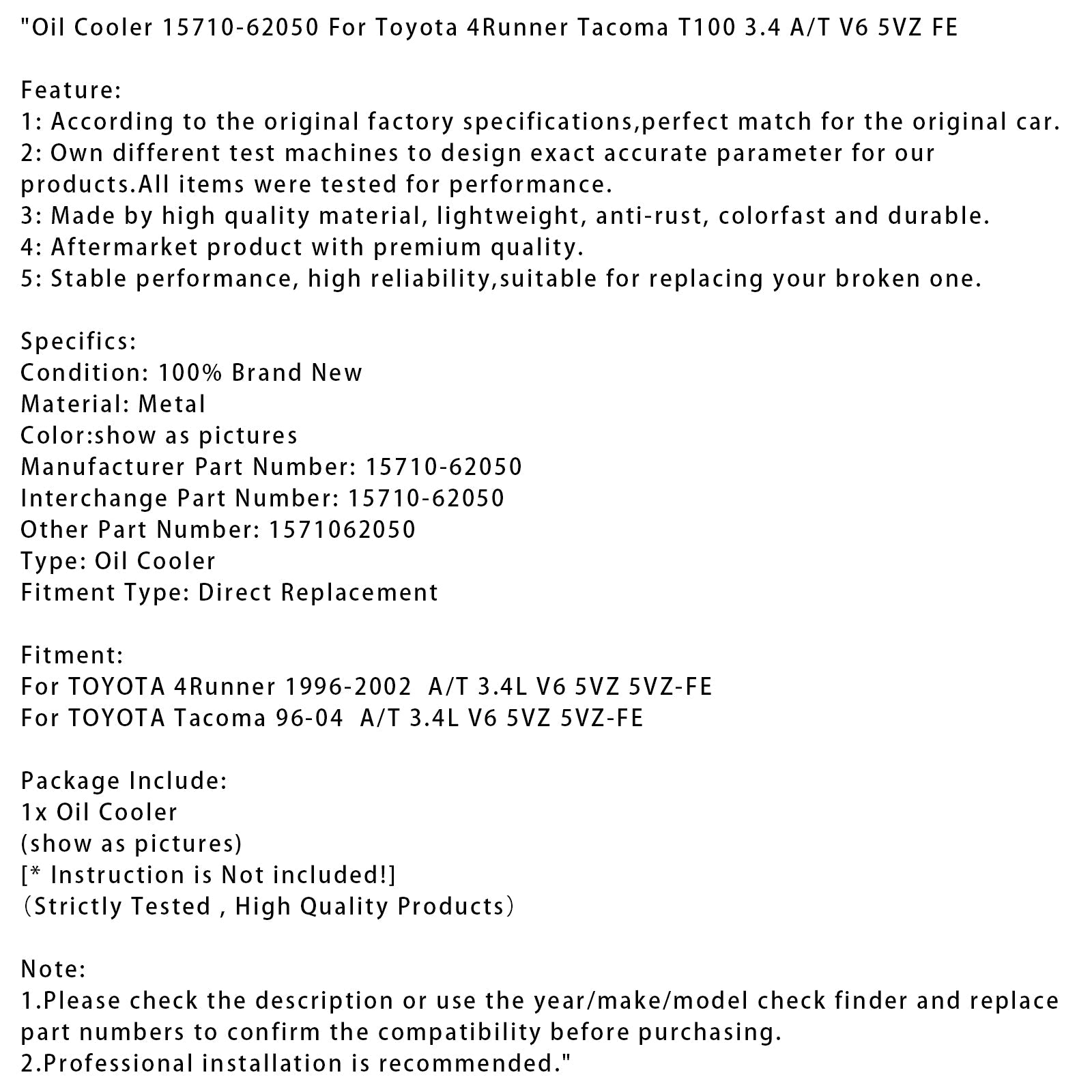 Jäähdytin'öljy 15710-62050 Toyota 4Runner Tacoma T100 3.4 A/T V6 5VZ FE:lle