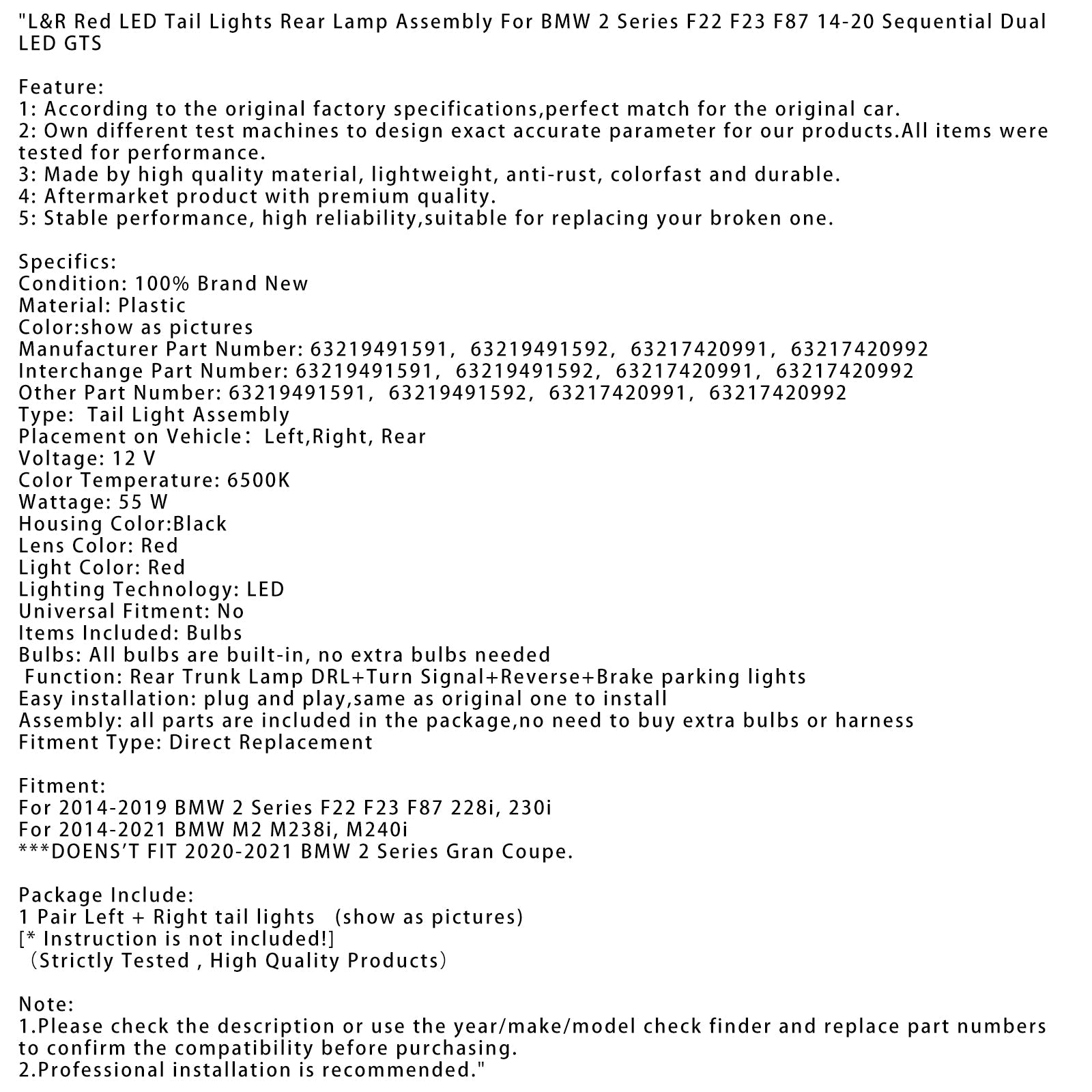 Feux arrière à LED rouges pour BMW M2 M238i, M240i (2014-2021) (gauche et droite) 63219491591