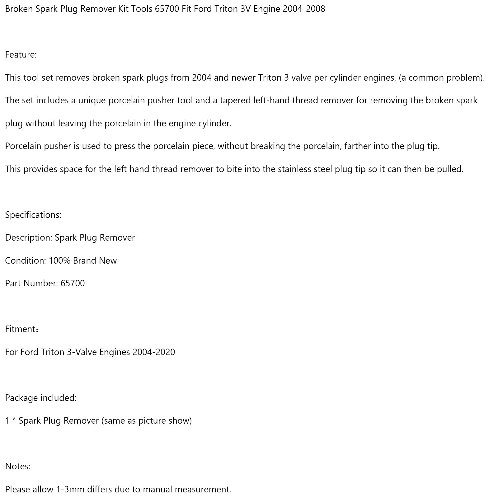 Zestaw narzędzi do usuwania zepsutej świecy zapłonowej 65700 dla silnika Ford Triton 3V 2004-2010