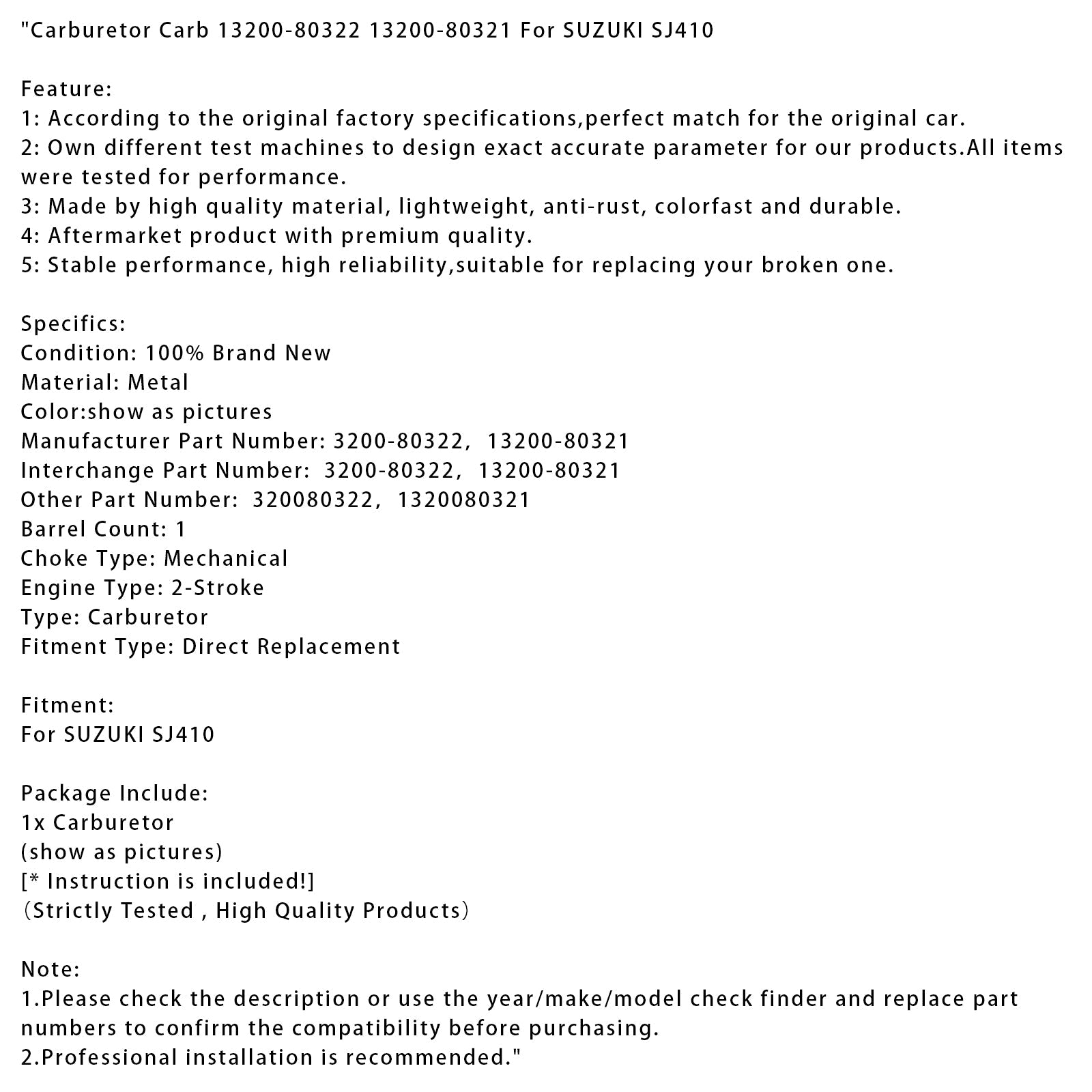 Suzuki SJ410 13200-80322 13200-80321 CARBURETOR