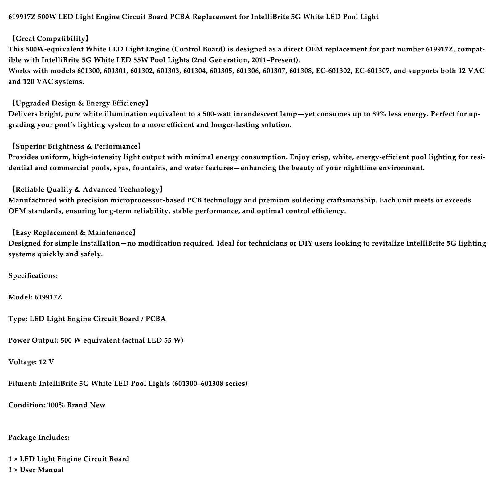 Kit de carte de module lumineux LED 619917Z 500 W pour projecteur de piscine LED blanc IntelliBrite 5G