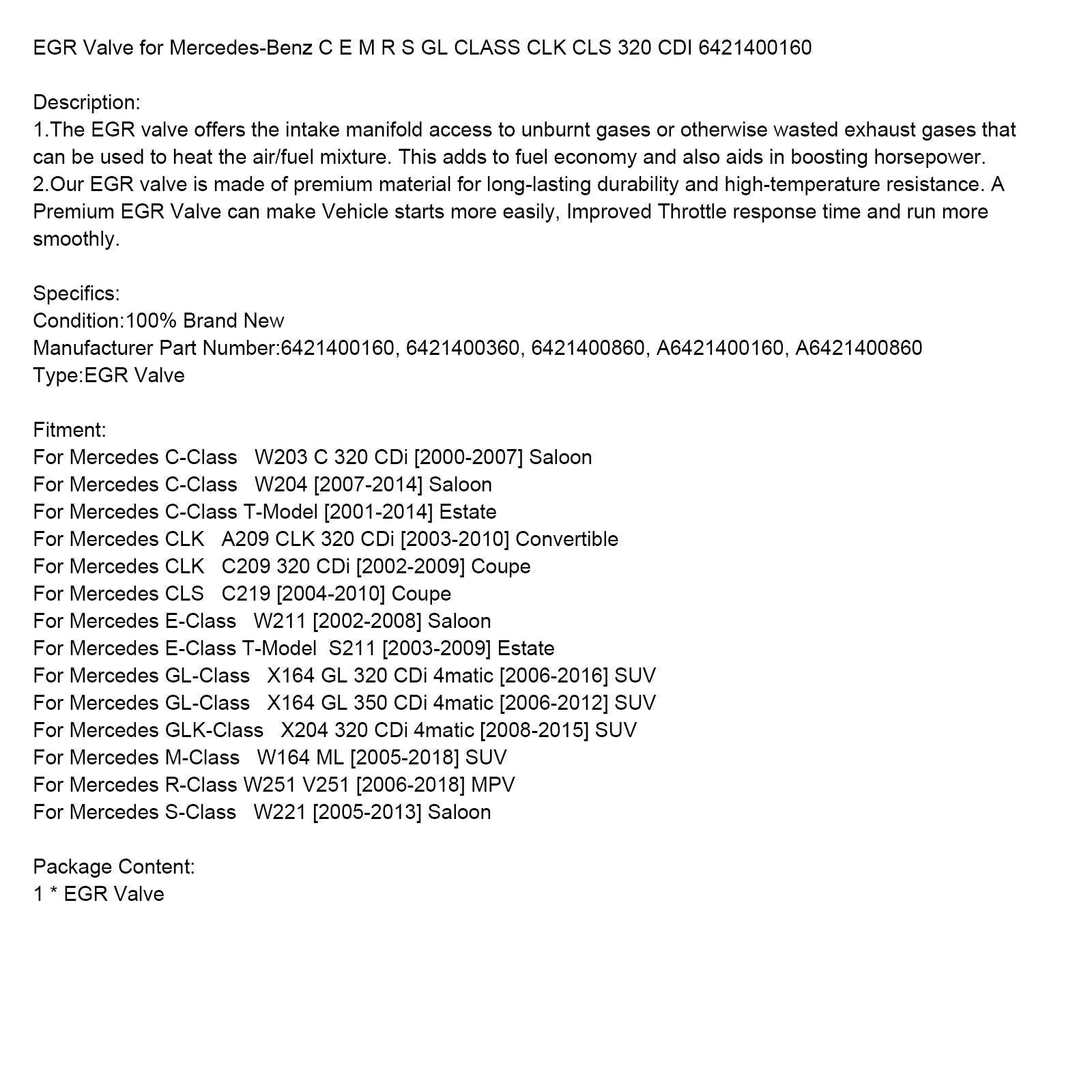 Valve EGR pour Mercedes-Benz Classe C E M R S GL CLK CLS 320 CDI 6421400160
