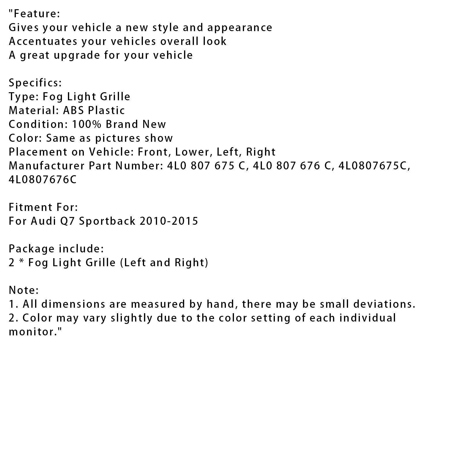 Grid di protezione anti-bruciatura per paraurti anteriore Audi Q7 Sportback 2010-2015, 2 camere